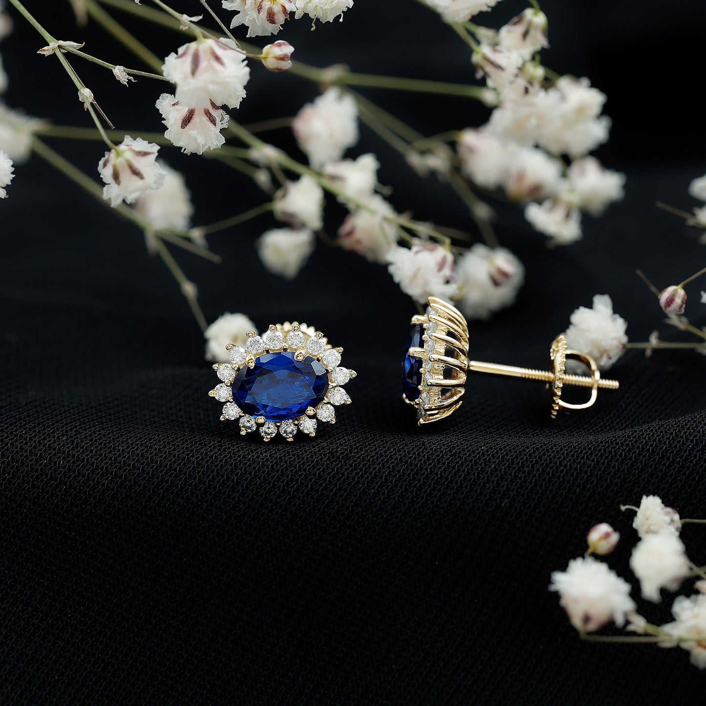 Lab Created Blue Sapphire Oval Stud Earrings with Moissanite Halo