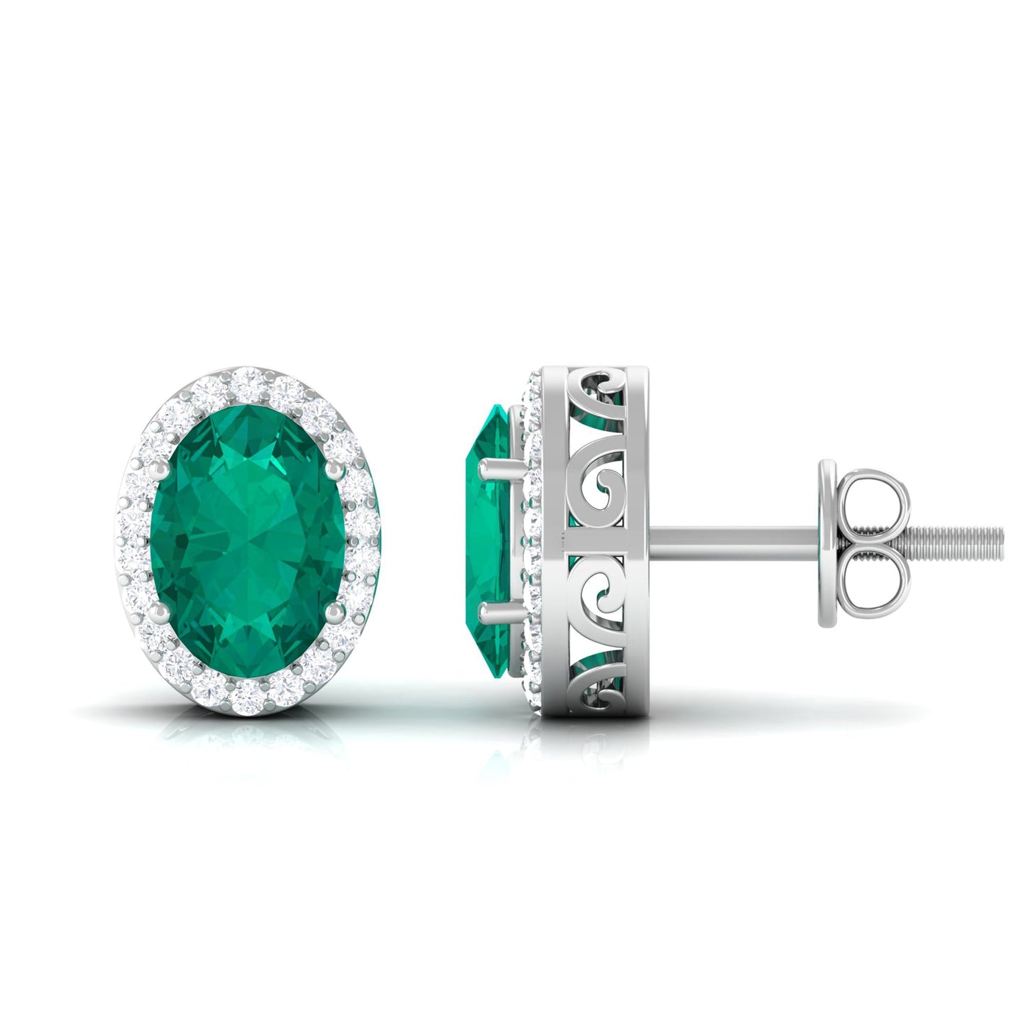 1.4 Carat Classic Emerald and Diamond Halo Stud Earrings