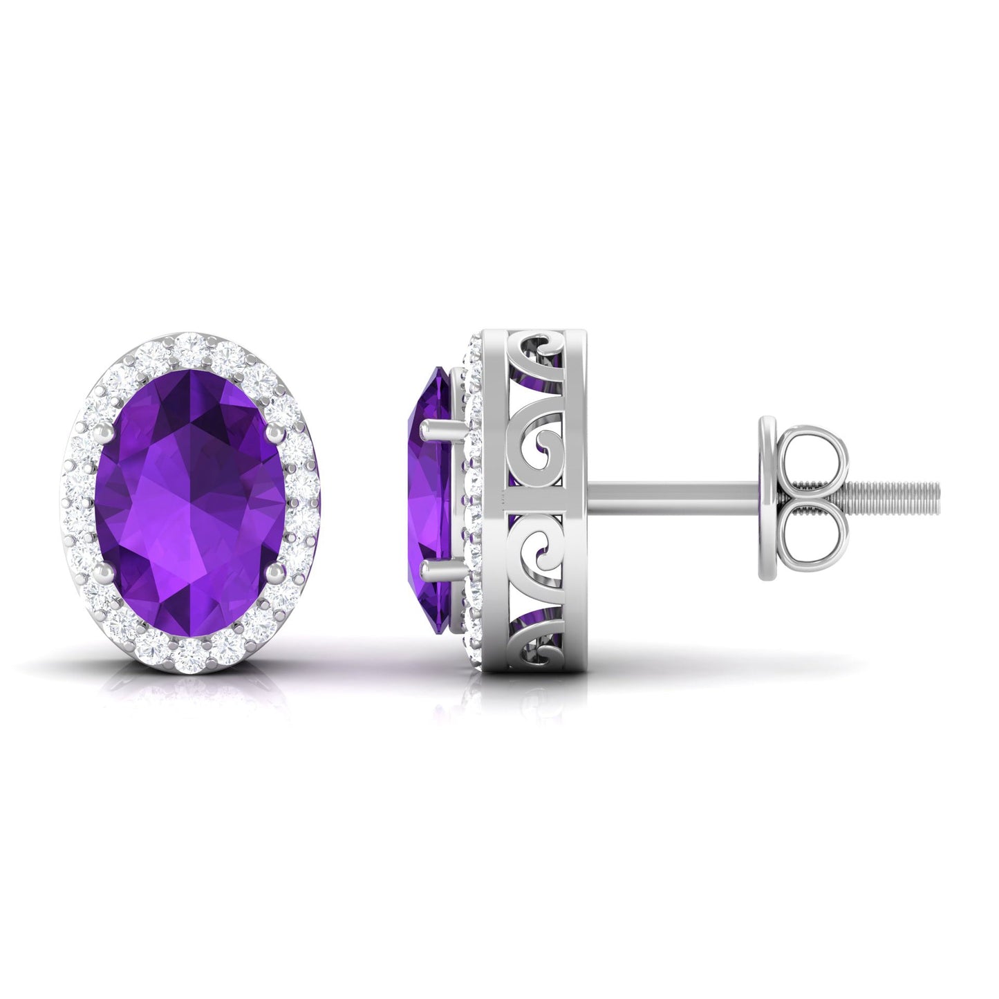 Certified Natural Amethyst Stud Earrings with Diamond Halo
