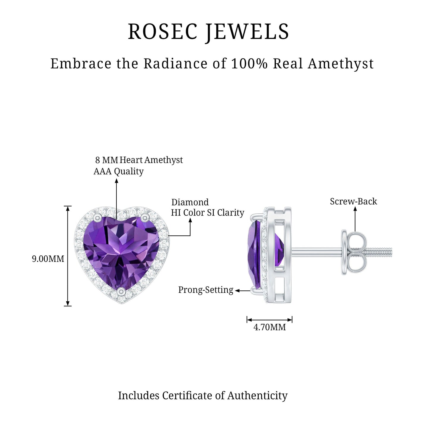 Certified Real Heart Shape Amethyst Stud Earrings with Diamond Halo