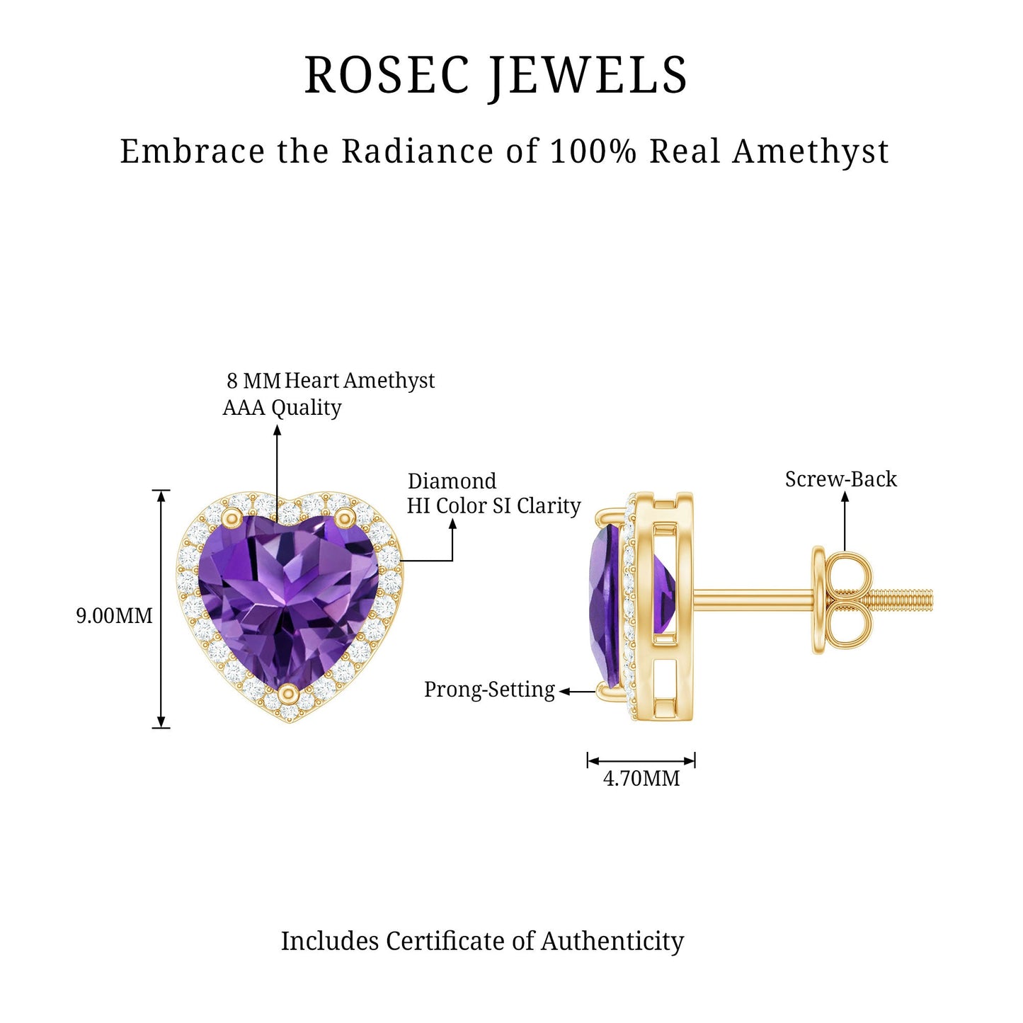 Certified Real Heart Shape Amethyst Stud Earrings with Diamond Halo