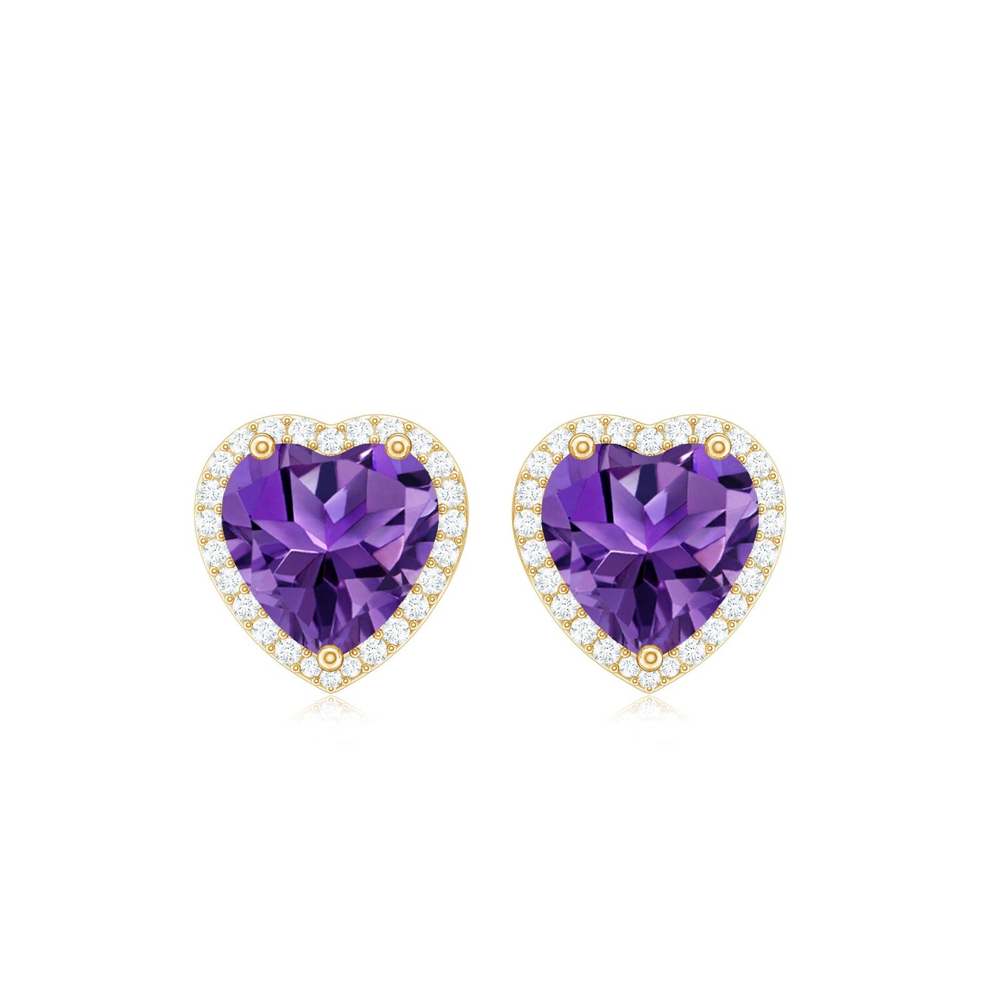 Certified Real Heart Shape Amethyst Stud Earrings with Diamond Halo