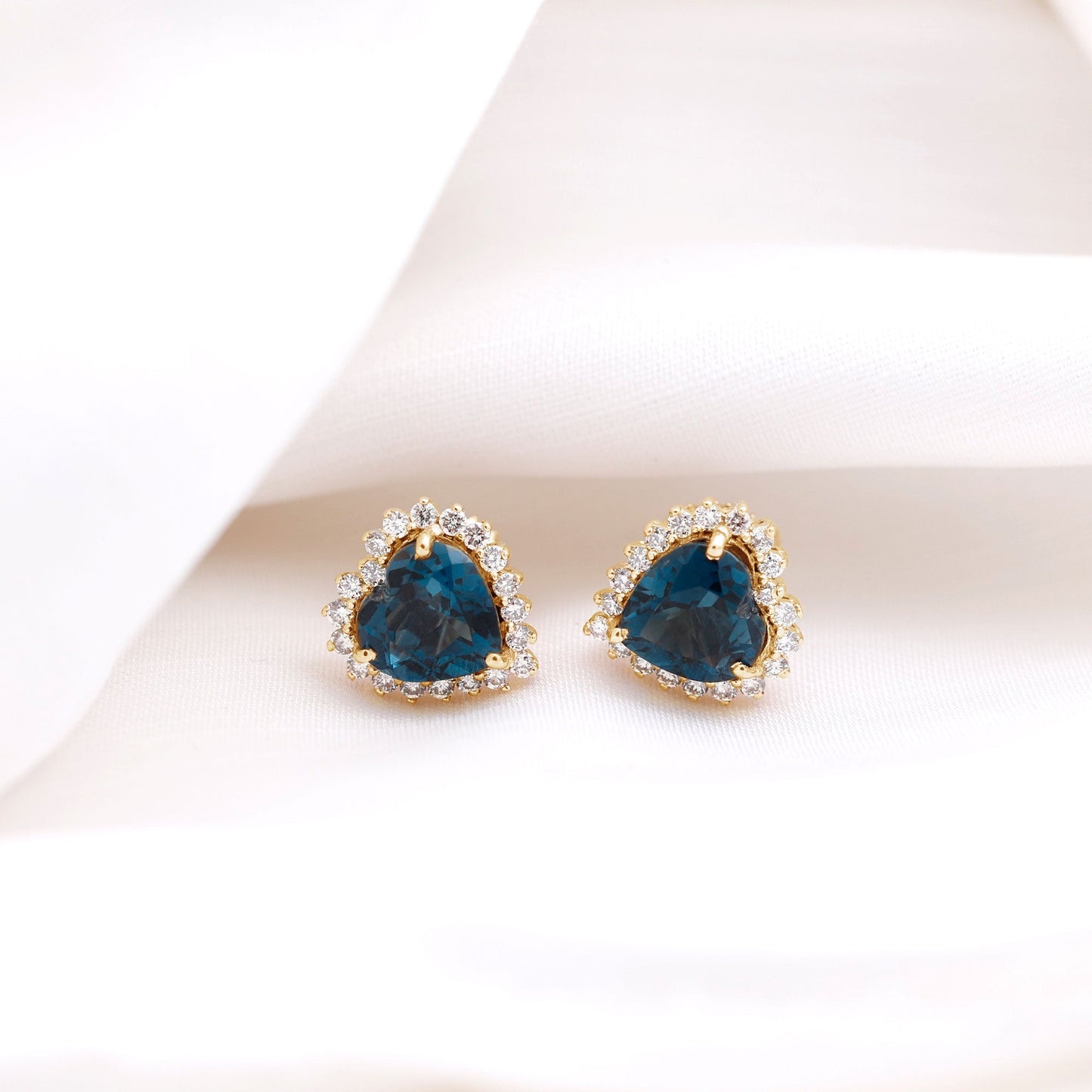 Heart Shape London Blue Topaz and Diamond Stud Earrings