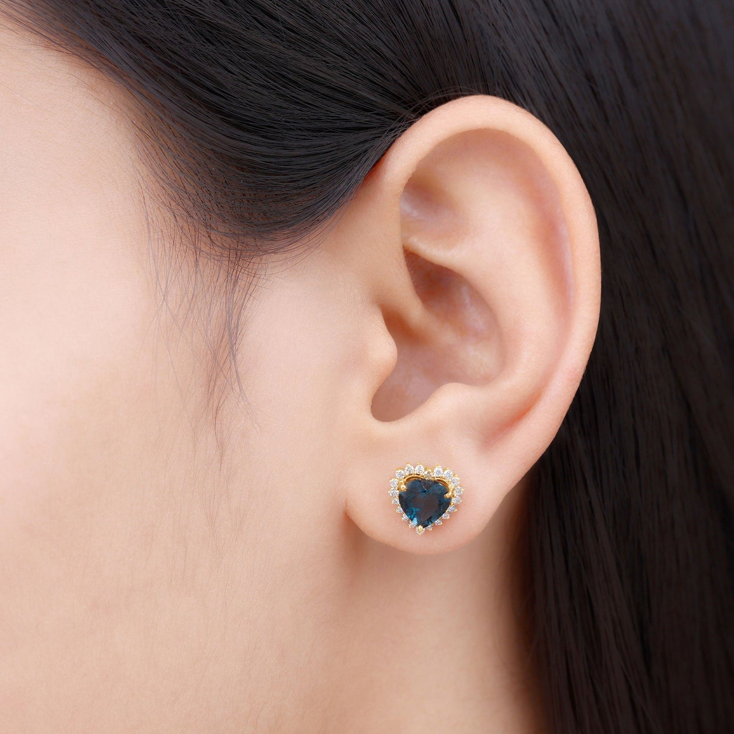 Heart Shape London Blue Topaz and Diamond Stud Earrings