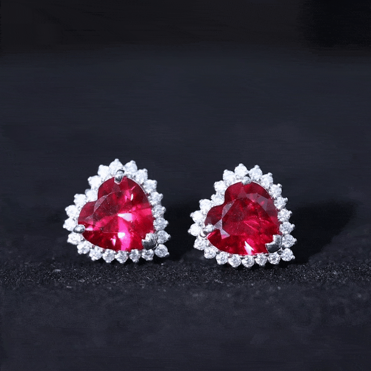 Lab Created Ruby Heart Studs with Diamond Halo