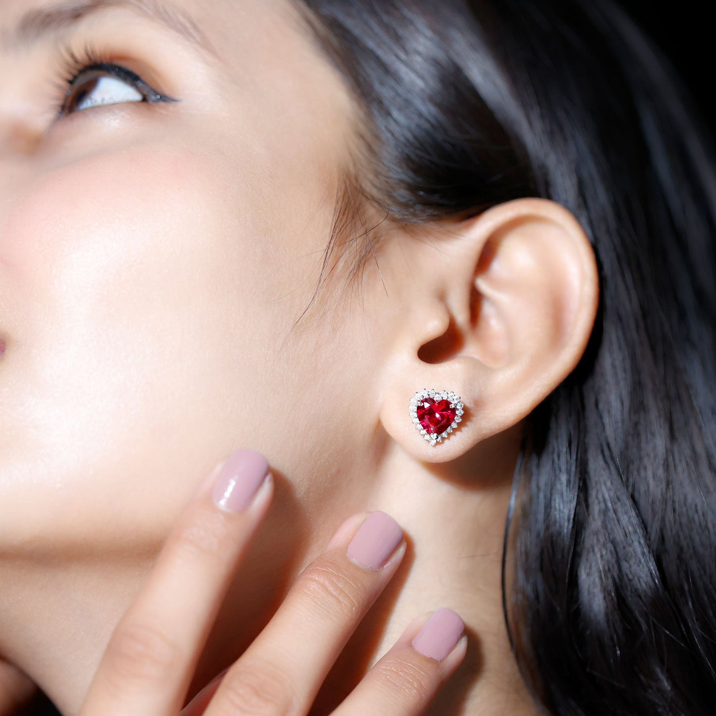 Lab Created Ruby Heart Studs with Diamond Halo