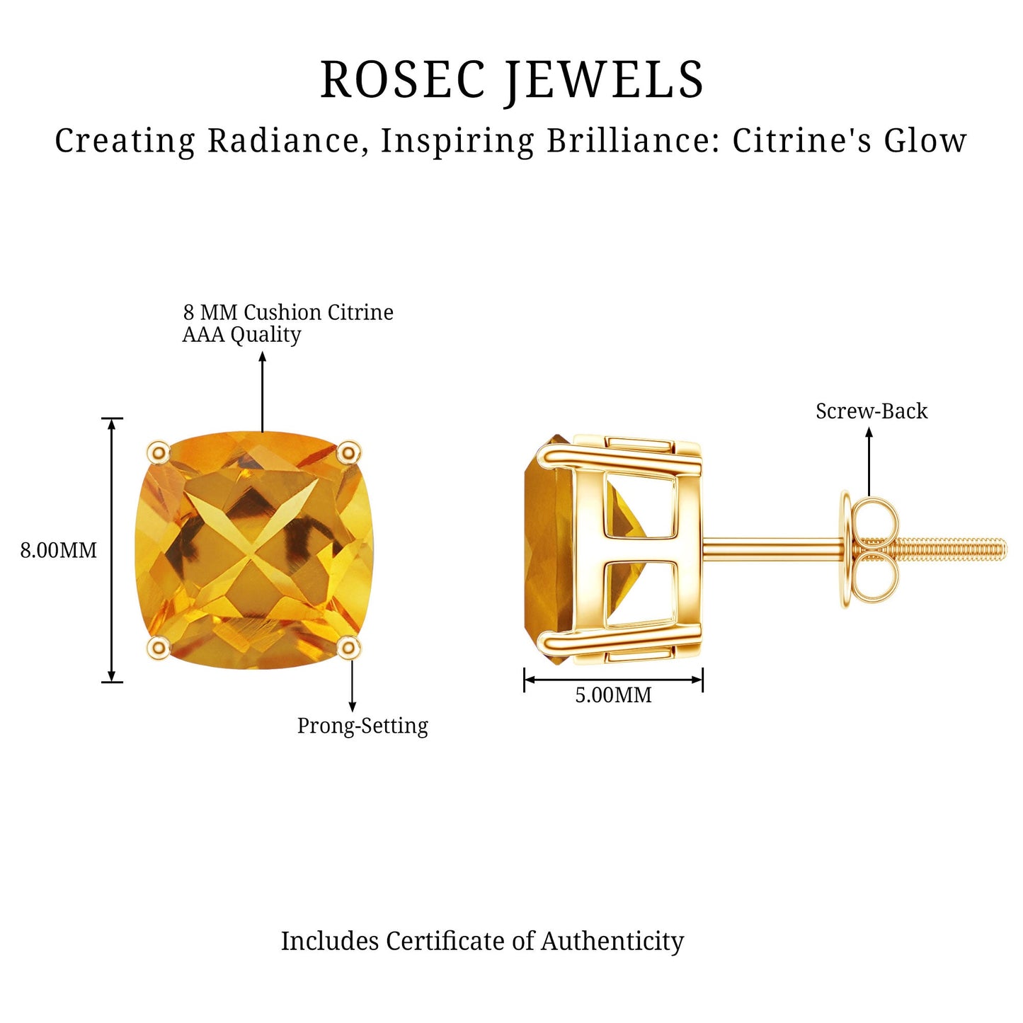 4.4 CT Cushion Cut Citrine Solitaire Stud Earrings