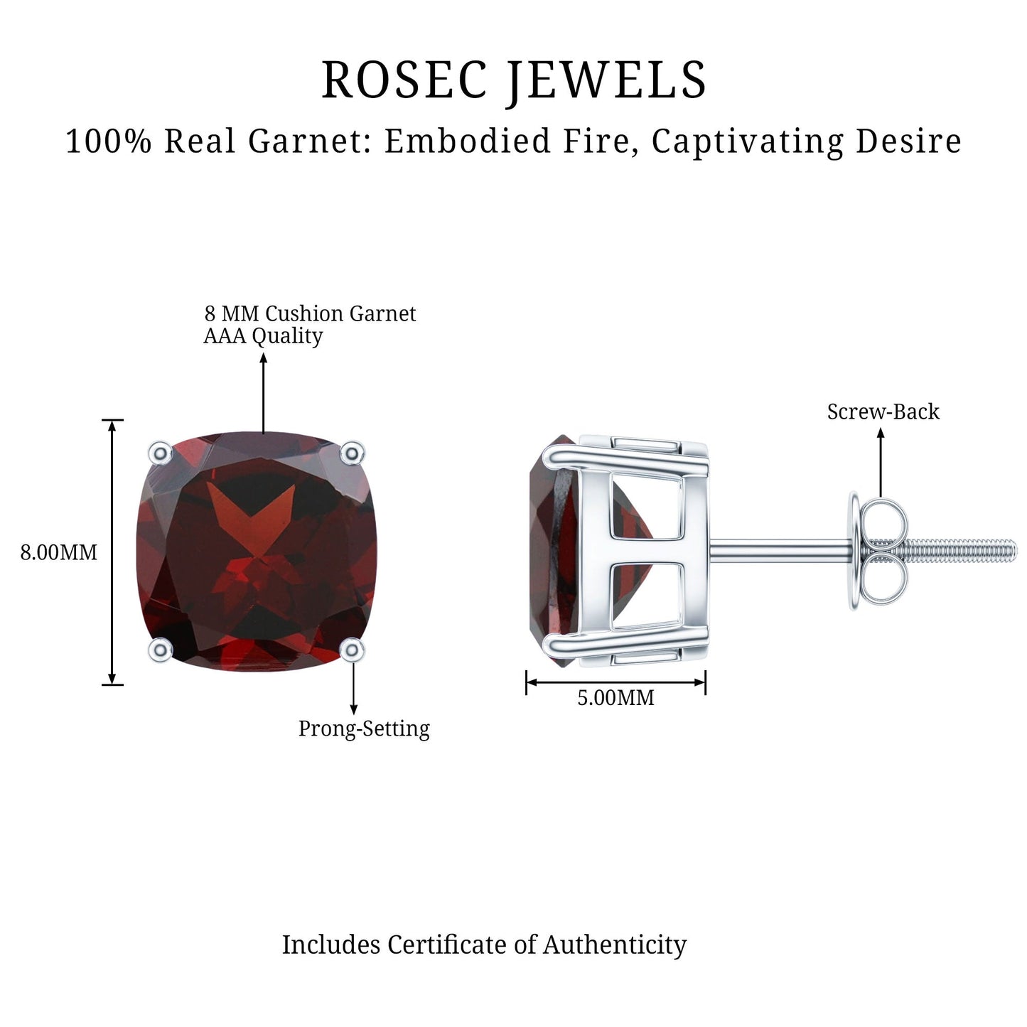 8MM Cushion Cut Garnet Solitaire Stud Earrings