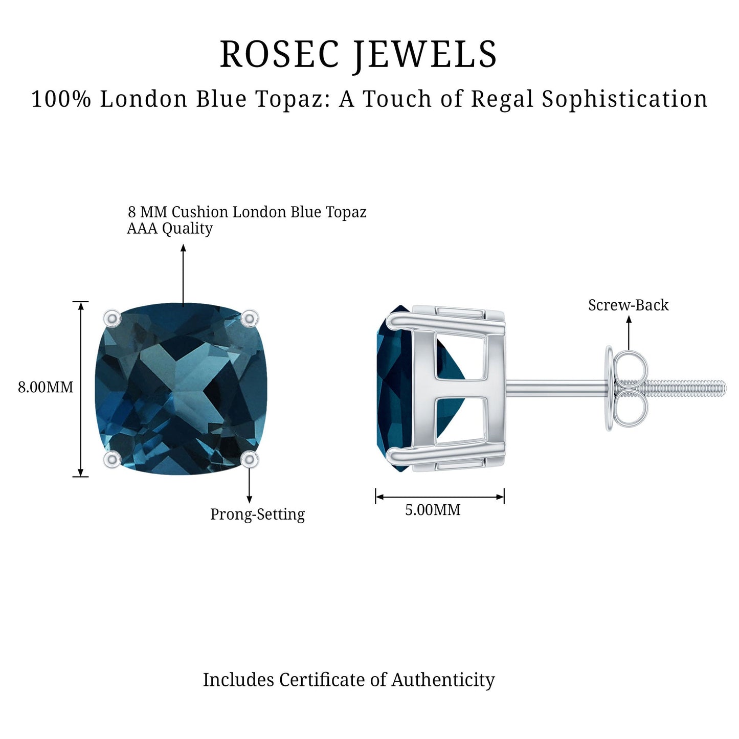5.68 Carat Cushion Cut London Blue Topaz Stud Earrings
