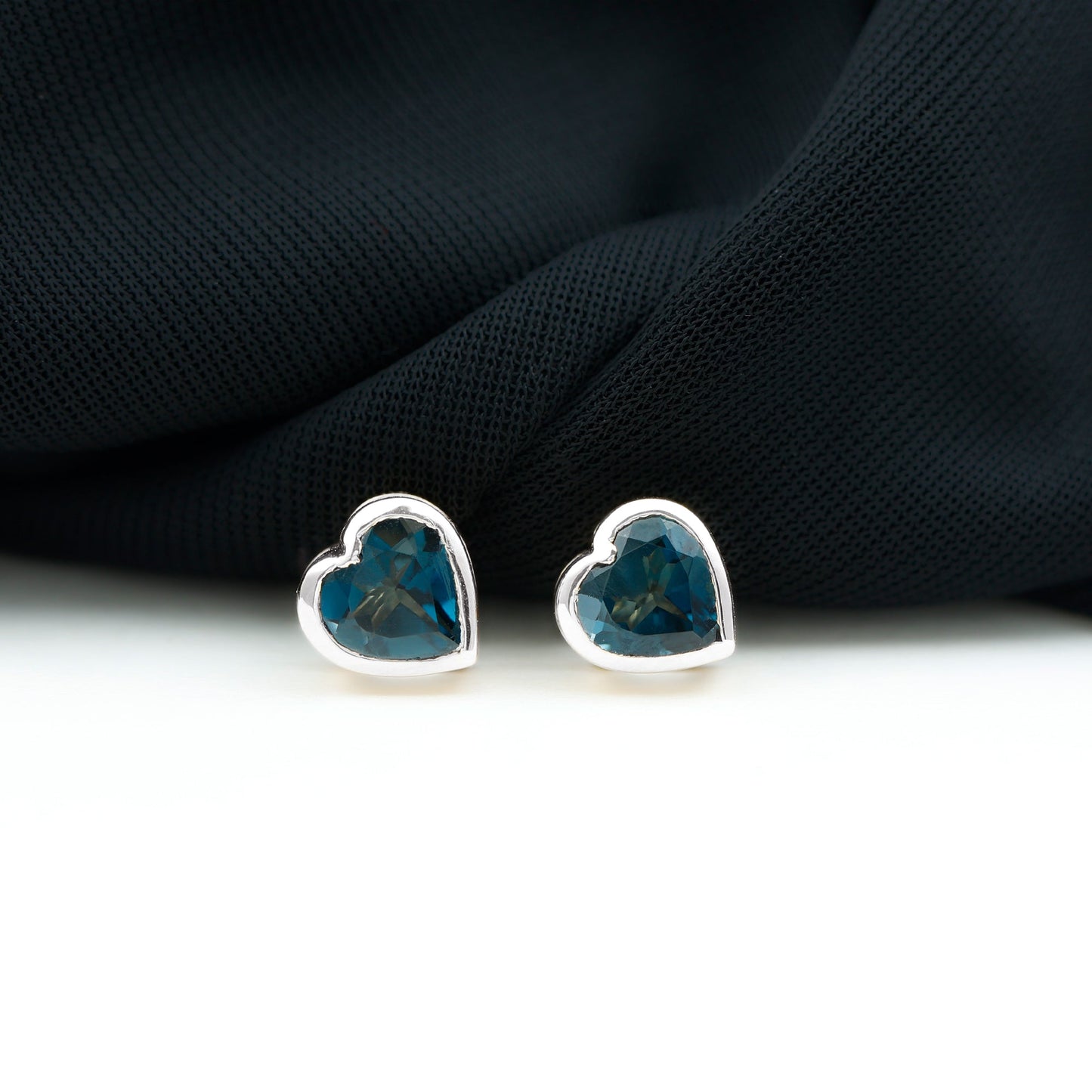 Real 4 Carat London Blue Topaz Heart Stud Earrings for Women
