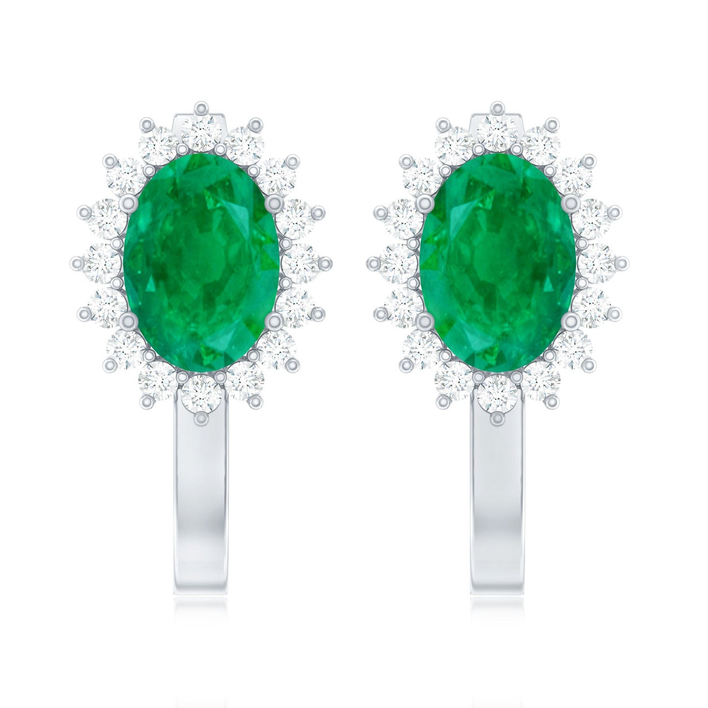 1.43 Carat Oval Cut Emerald and Diamond Halo Stud Earrings with Latch Back