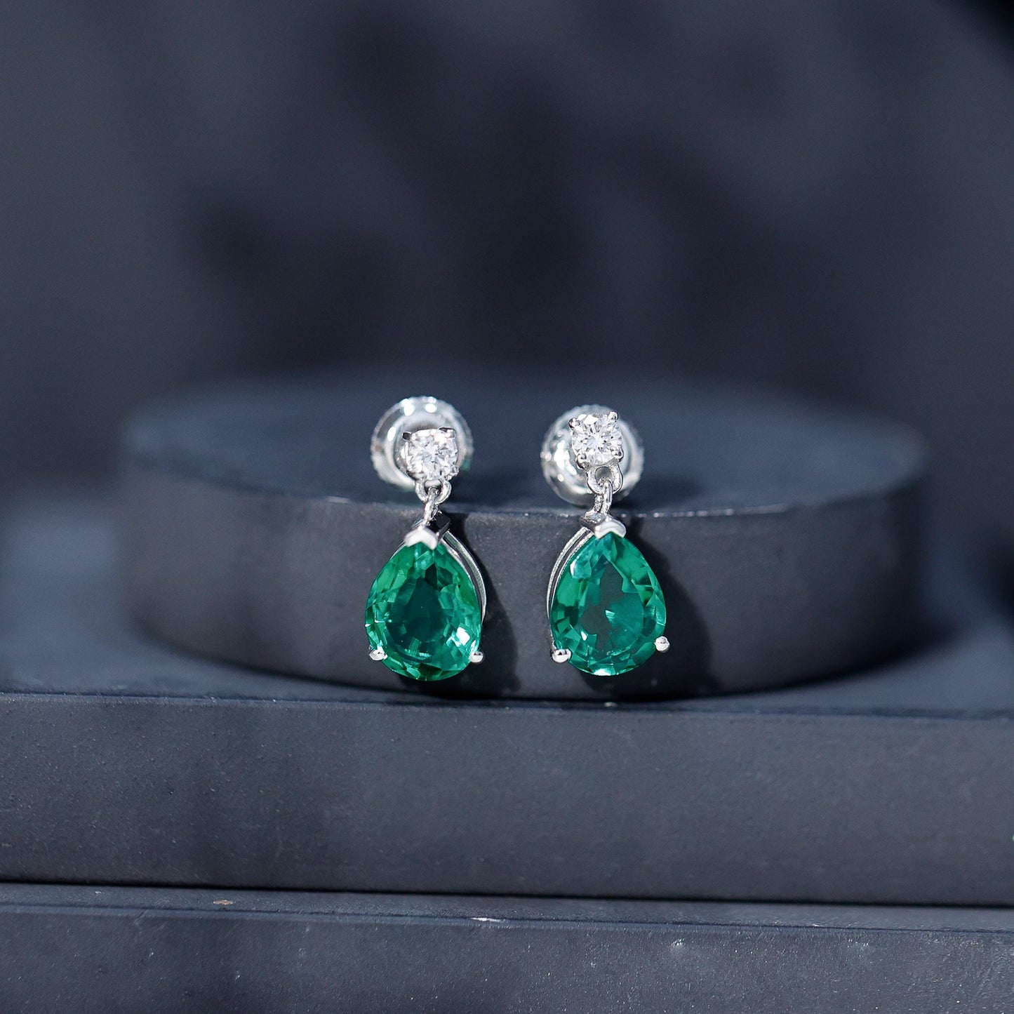 3.4 Carat Pear Cut Lab Created Emerald and Diamond Teardrop Earrings
