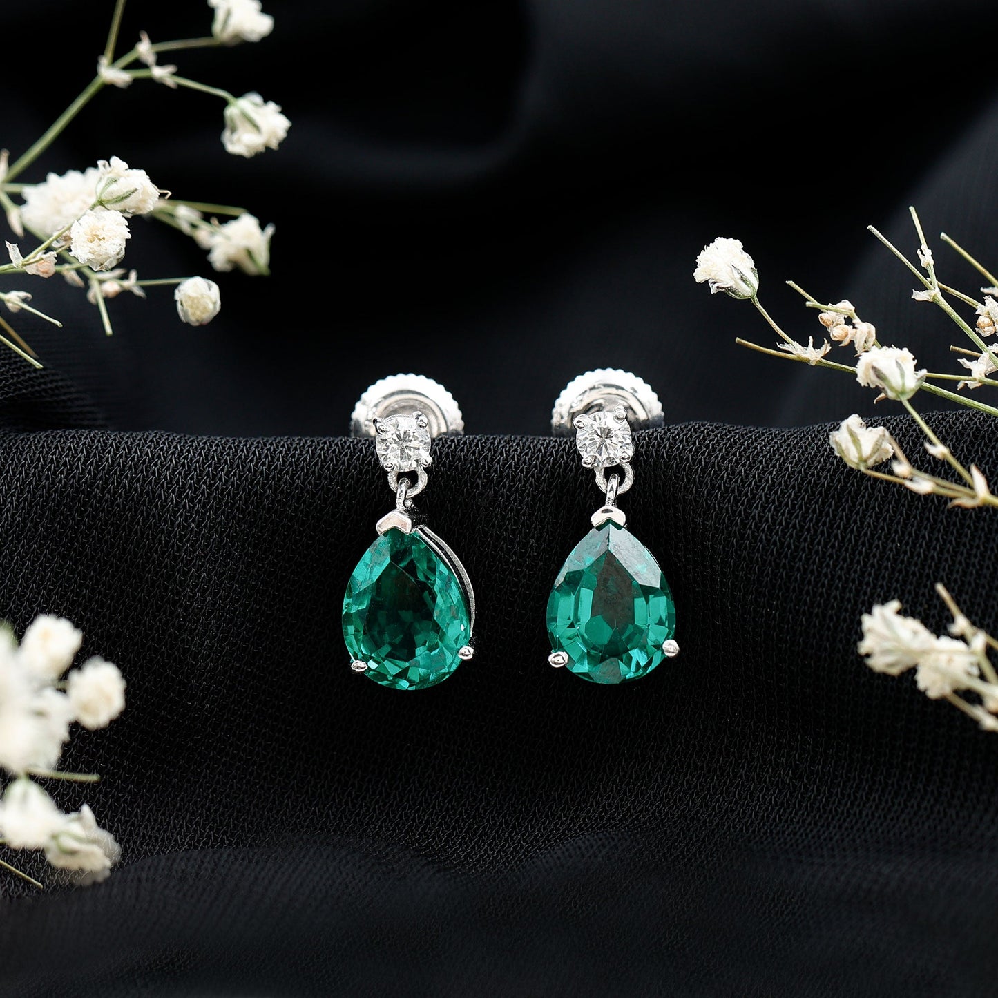 3.4 Carat Pear Cut Lab Created Emerald and Diamond Teardrop Earrings