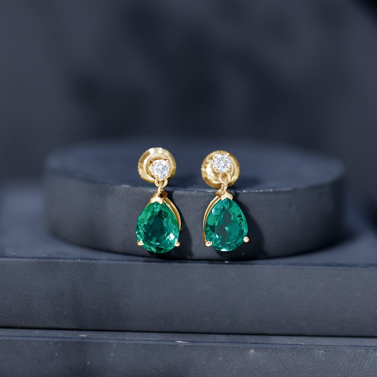 3.4 Carat Pear Cut Lab Created Emerald and Diamond Teardrop Earrings