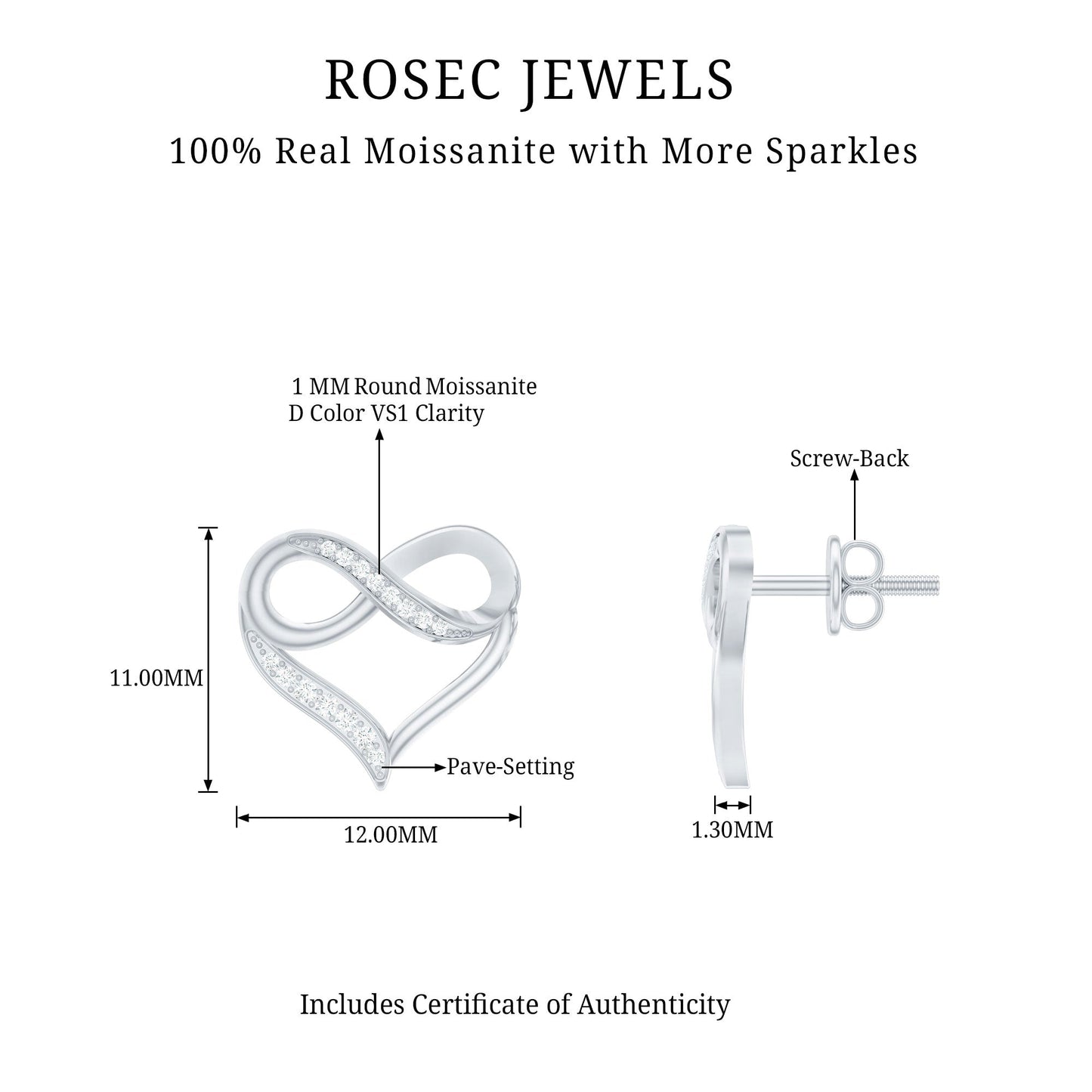 Moissanite Infinity and Heart Stud Earrings