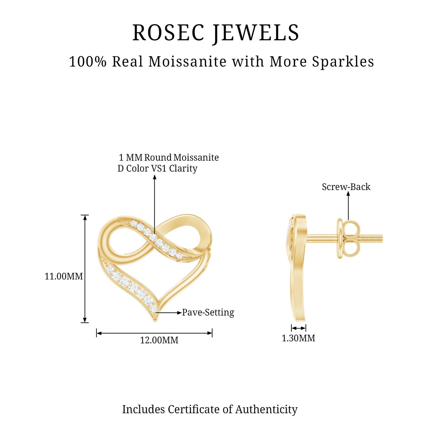 Moissanite Infinity and Heart Stud Earrings