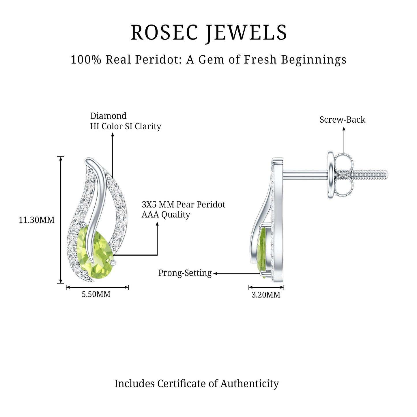 Natural Peridot Leaf Earrings with Diamond for Women