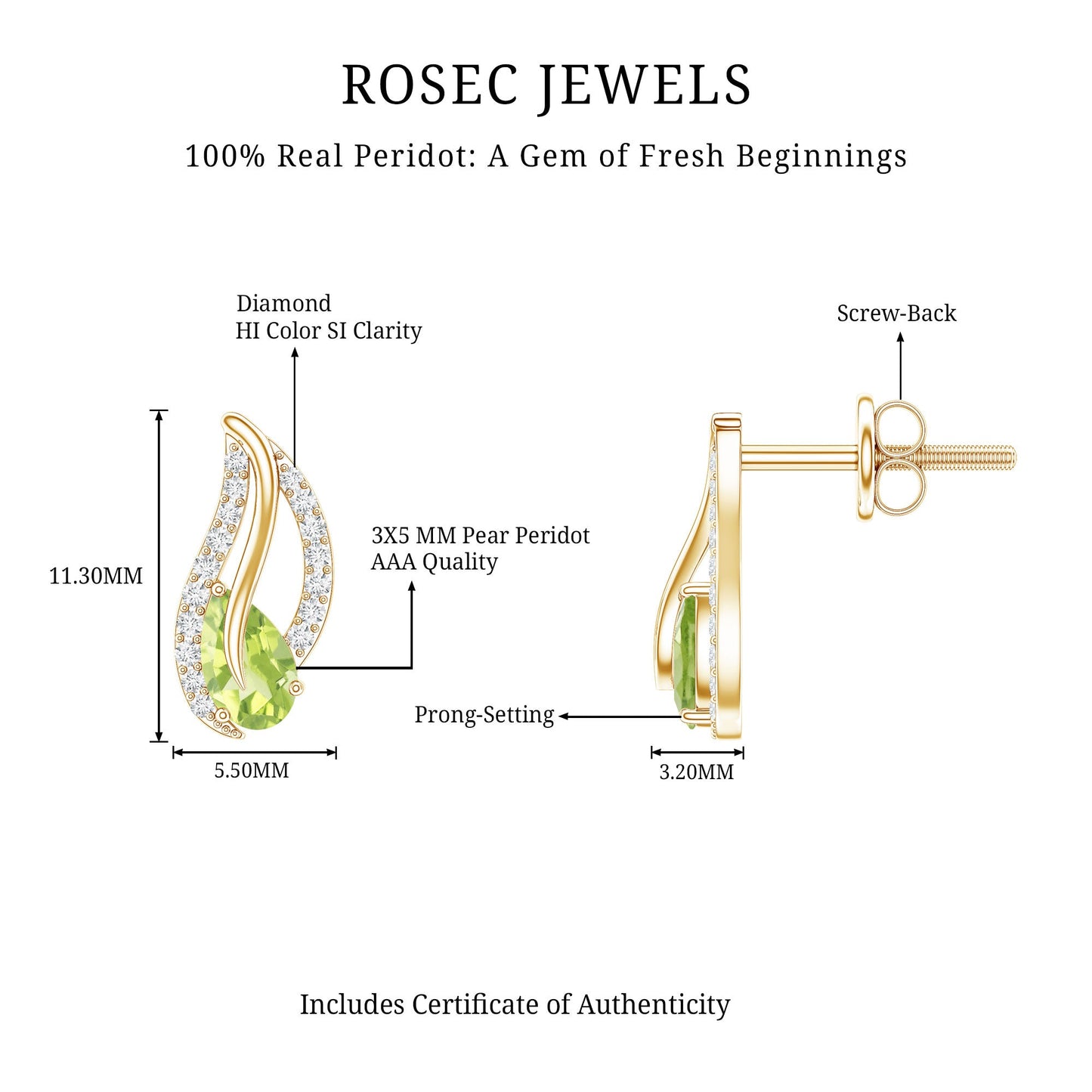 Natural Peridot Leaf Earrings with Diamond for Women