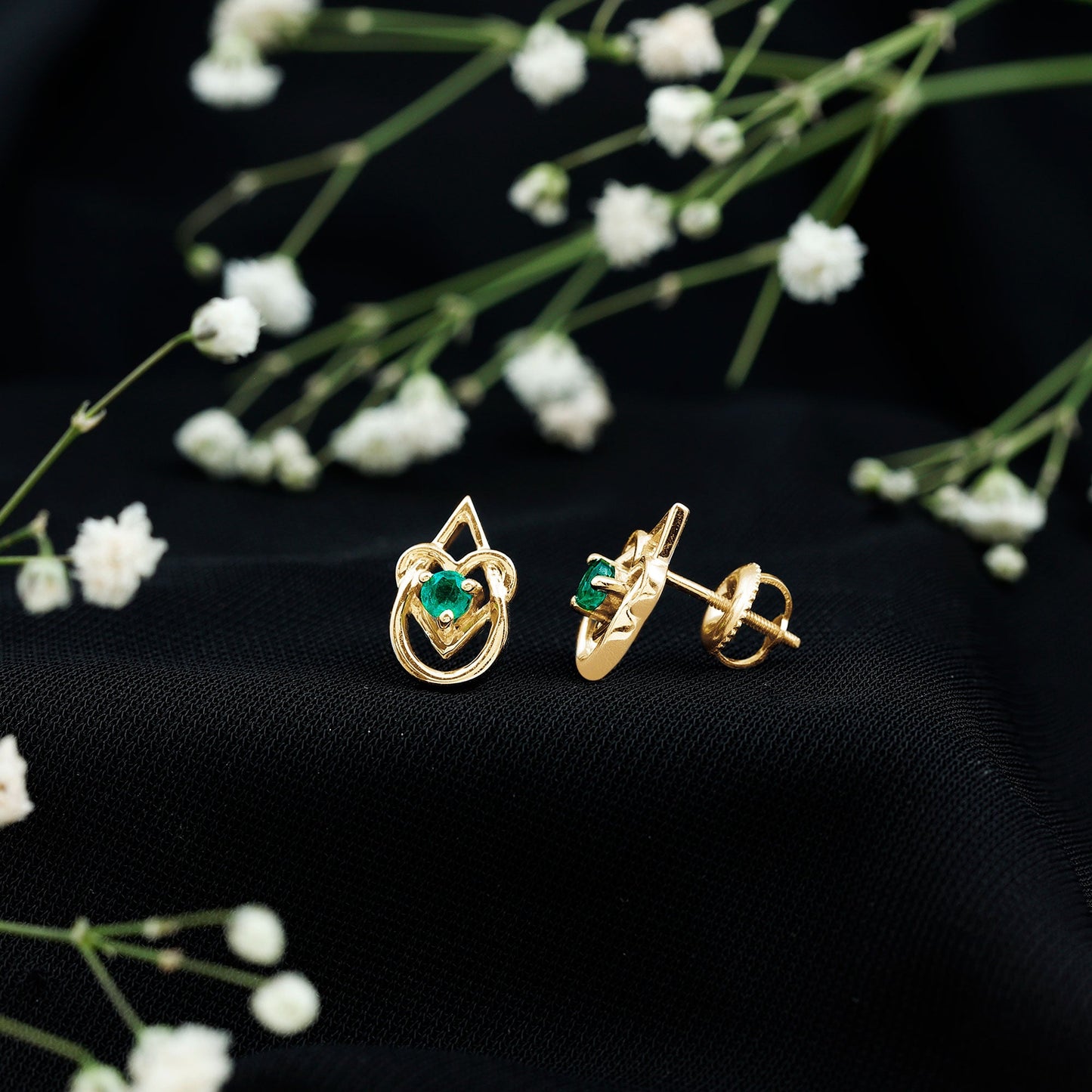 Real Emerald Teardrop and Heart Stud Earrings