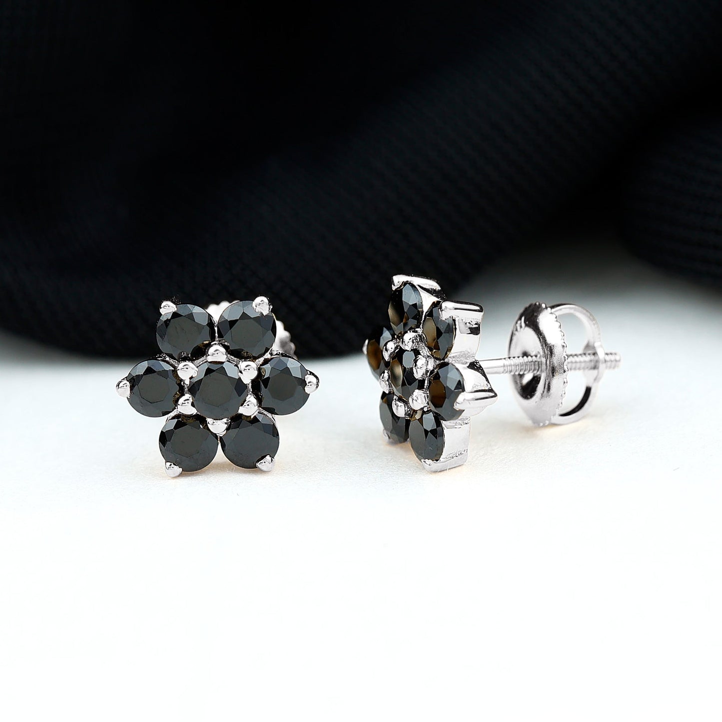 Natural Black Spinel Floral Cluster Stud Earrings
