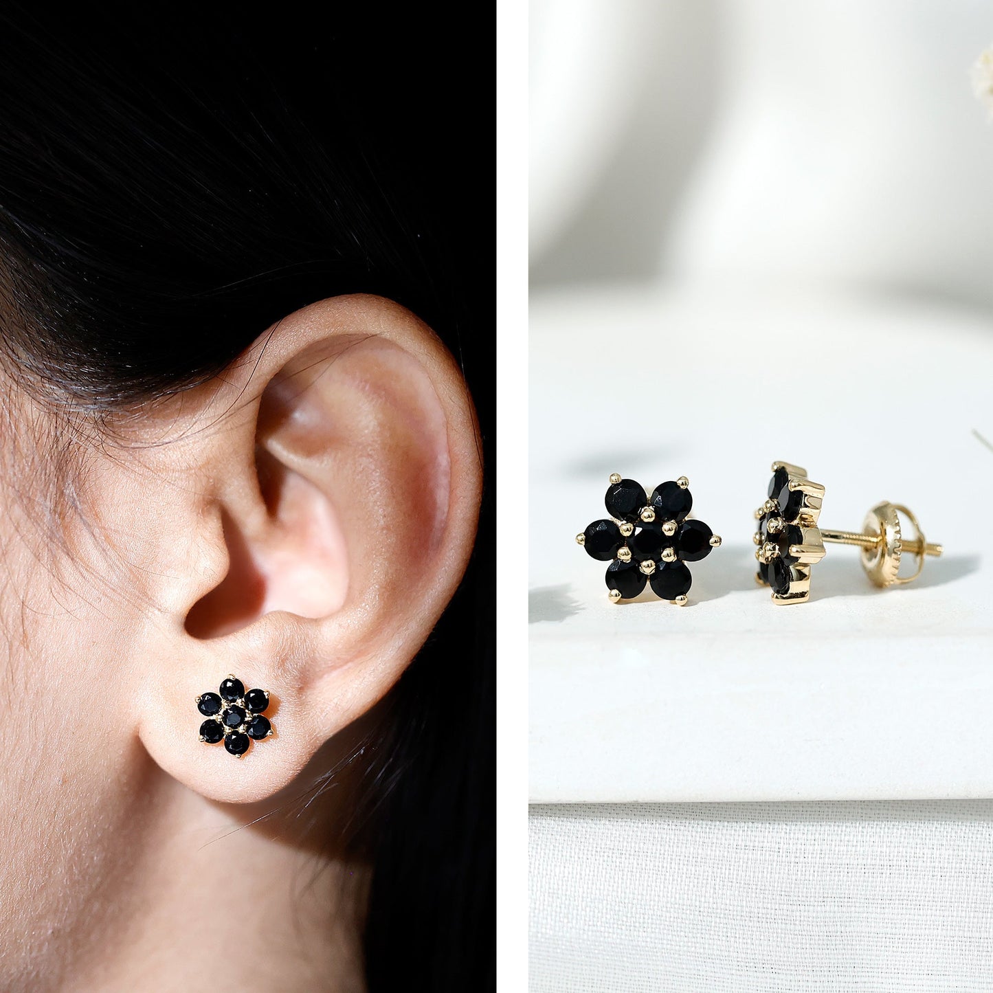 Natural Black Spinel Floral Cluster Stud Earrings