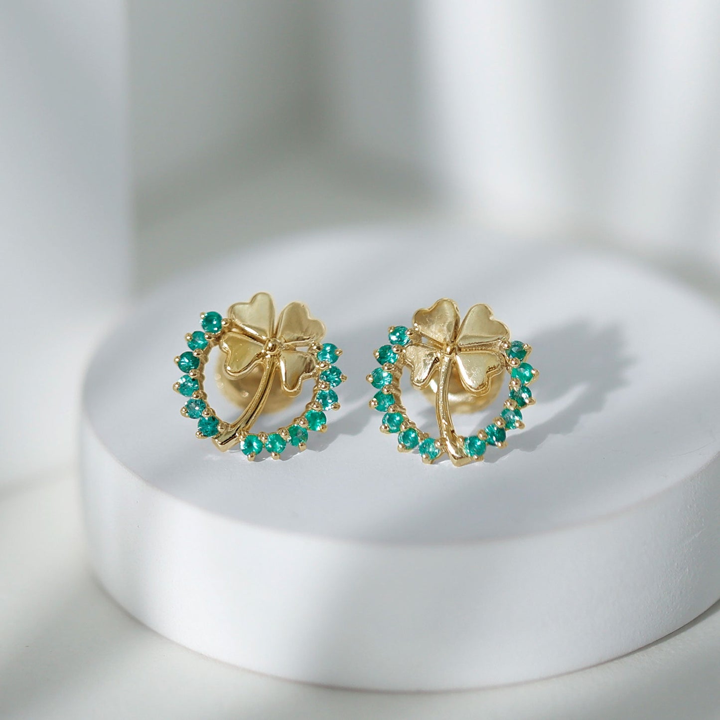 Genuine Emerald Clover Stud Earrings for Women