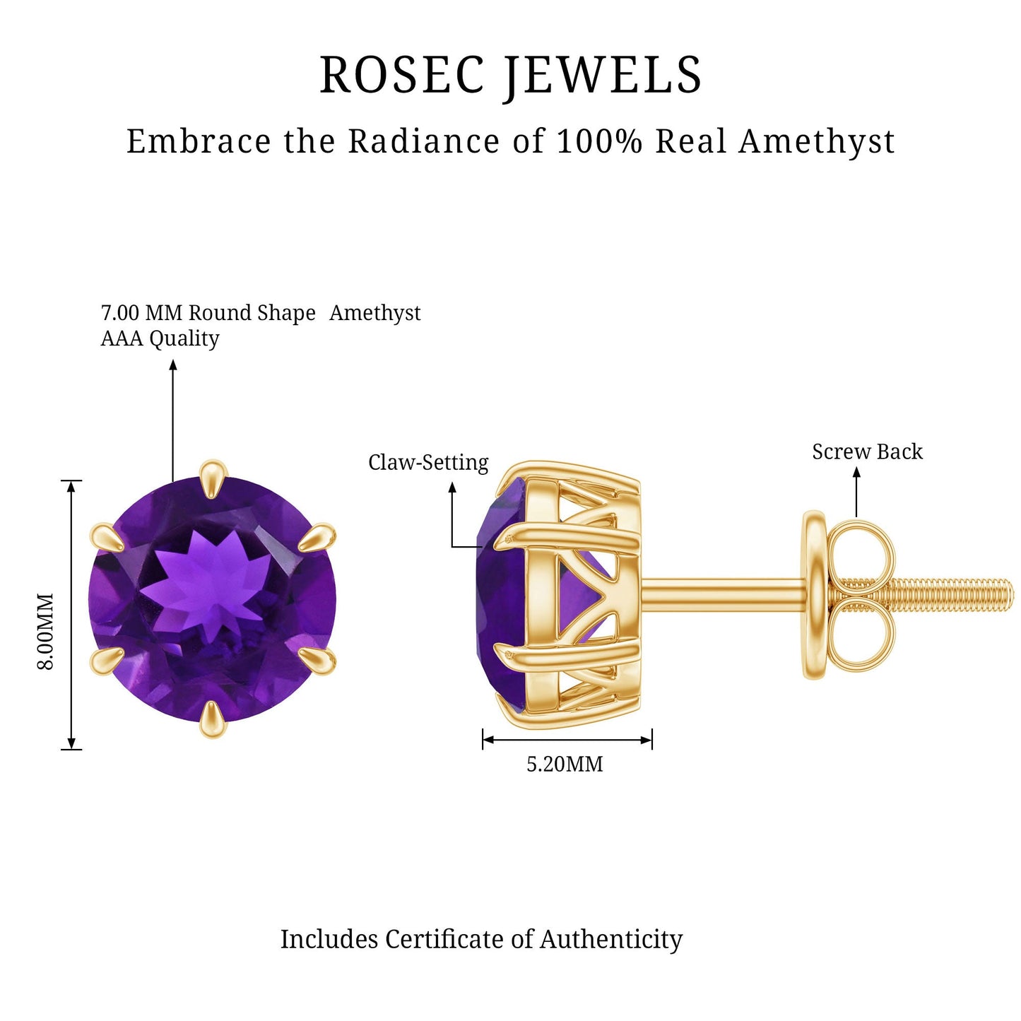 Natural 2.4 Carat Amethyst Solitaire Stud Earrings with Certificate