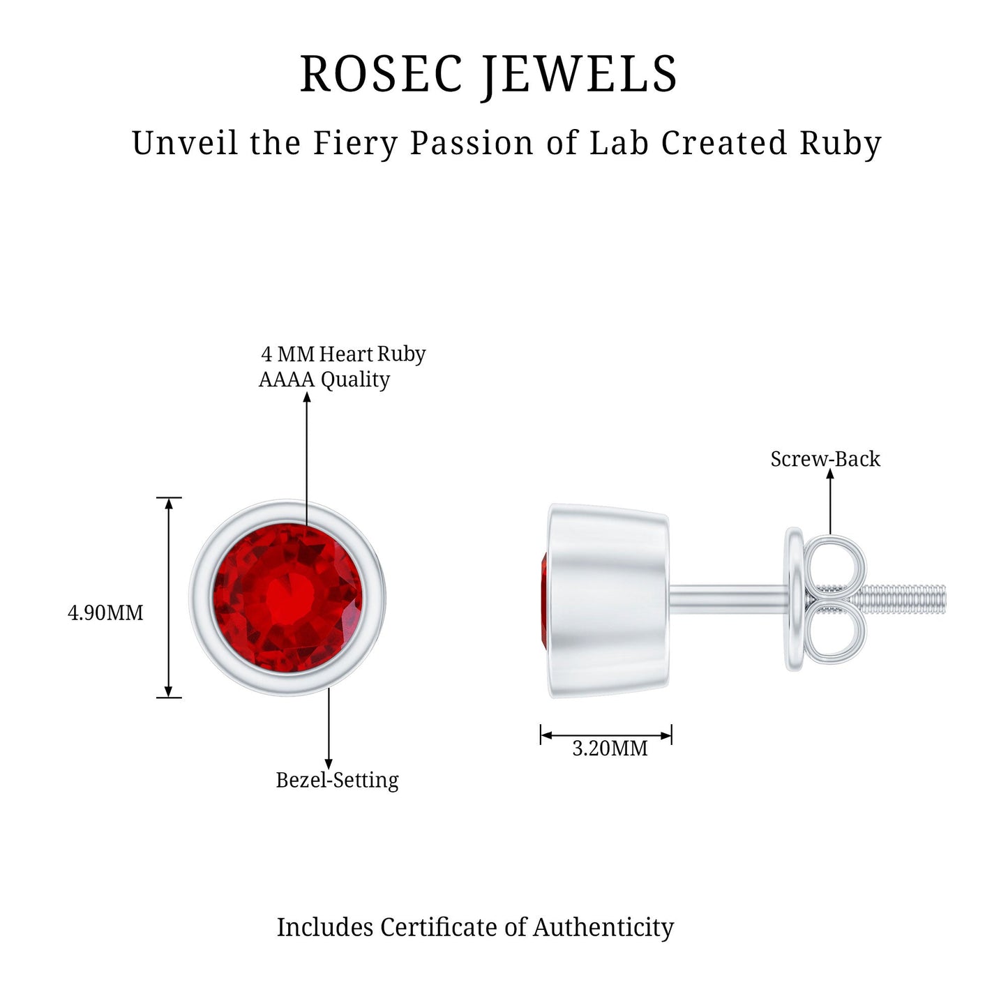 Minimalist Lab Grown Ruby Stud Earrings in Bezel Setting
