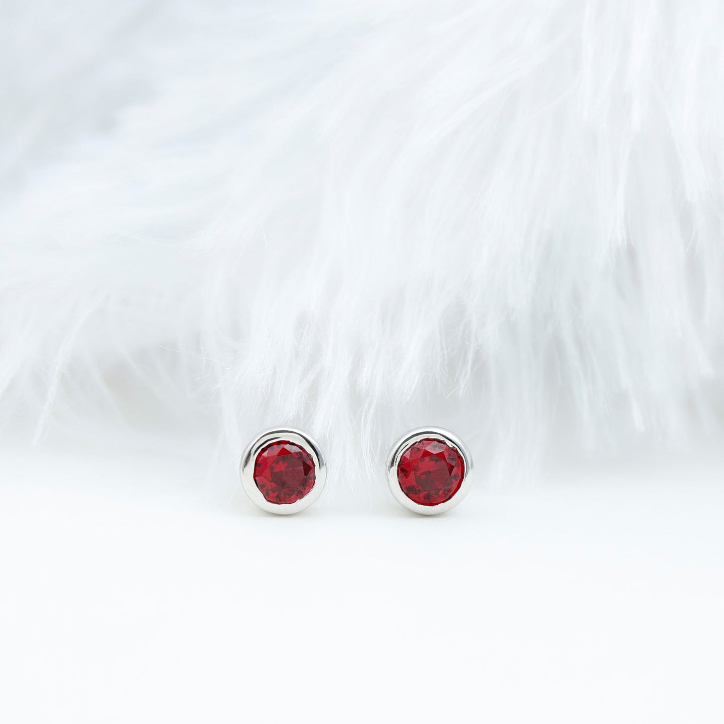 Minimalist Lab Grown Ruby Stud Earrings in Bezel Setting