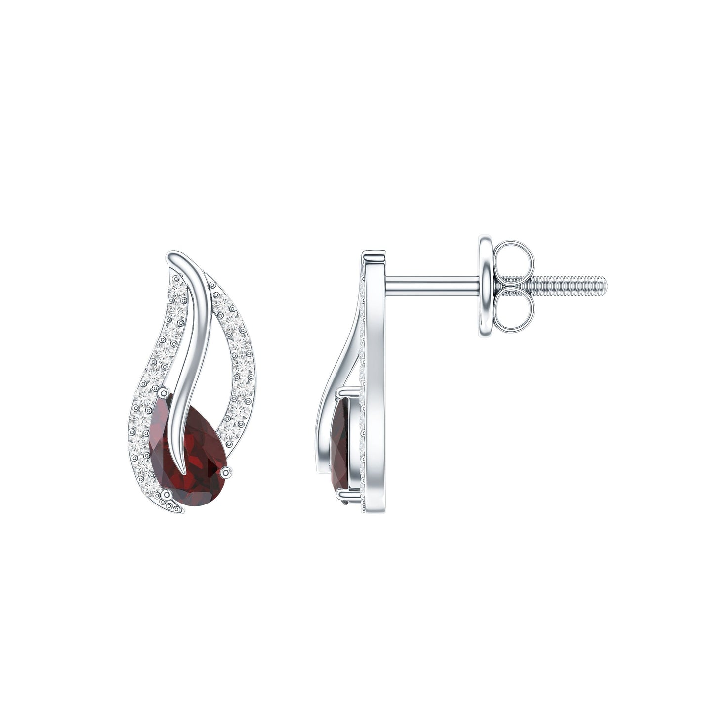 Pear Shape Garnet and Diamond Leaf Stud Earrings