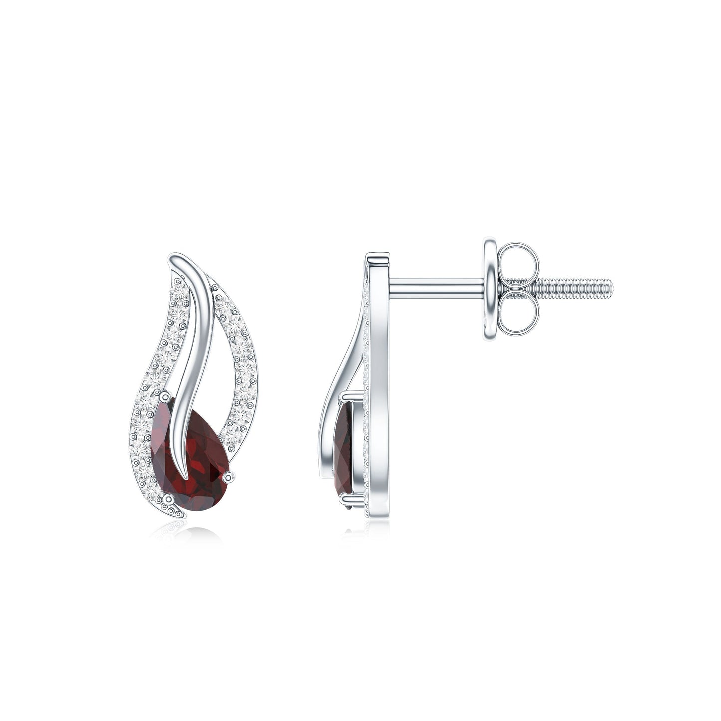 Pear Shape Garnet and Diamond Leaf Stud Earrings