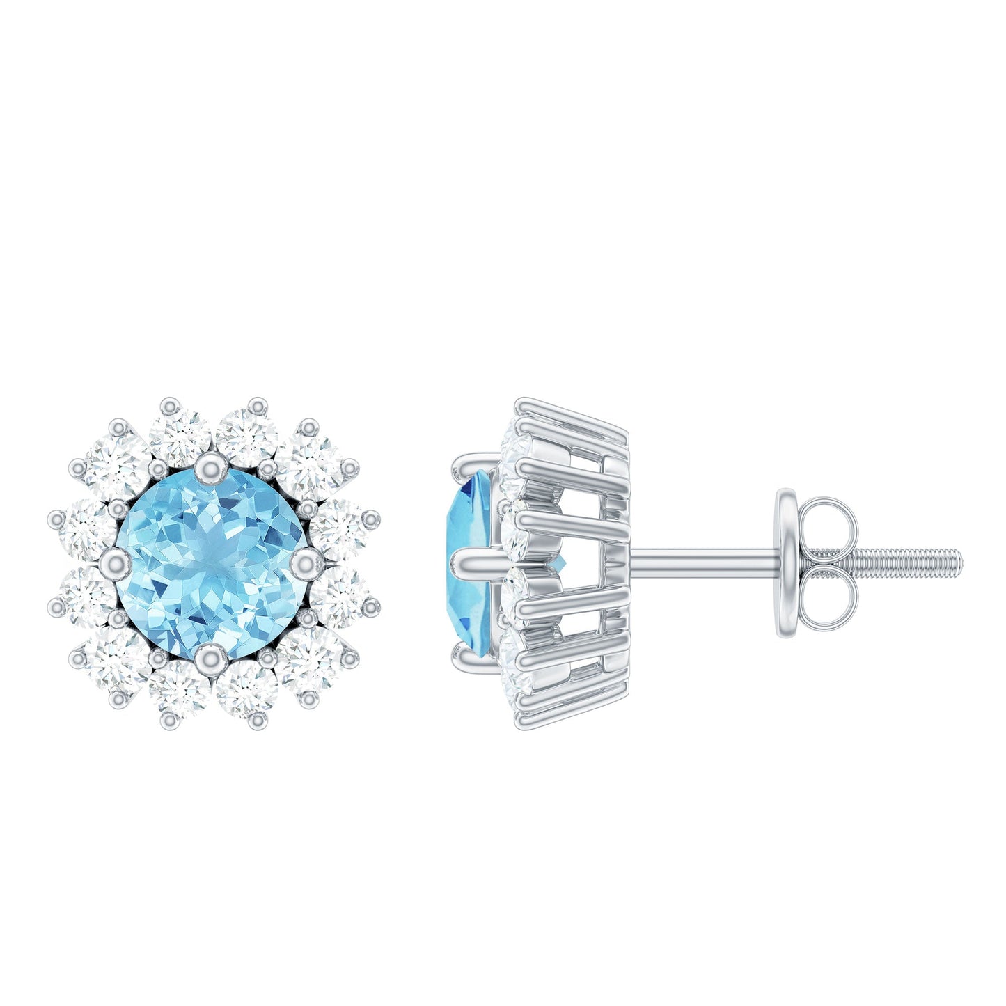 Genuine Aquamarine and Diamond Halo Stud Earrings