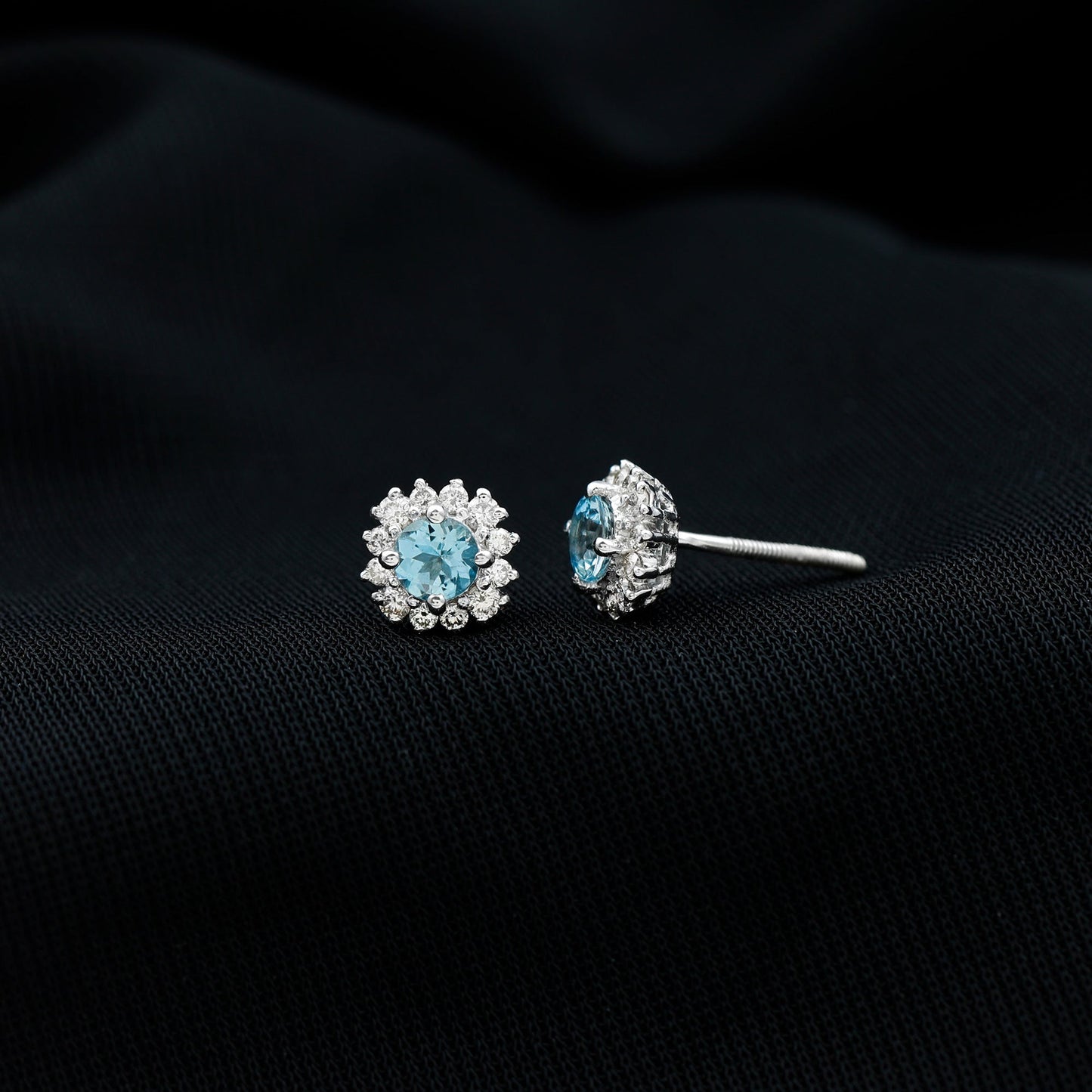Genuine Aquamarine and Diamond Halo Stud Earrings