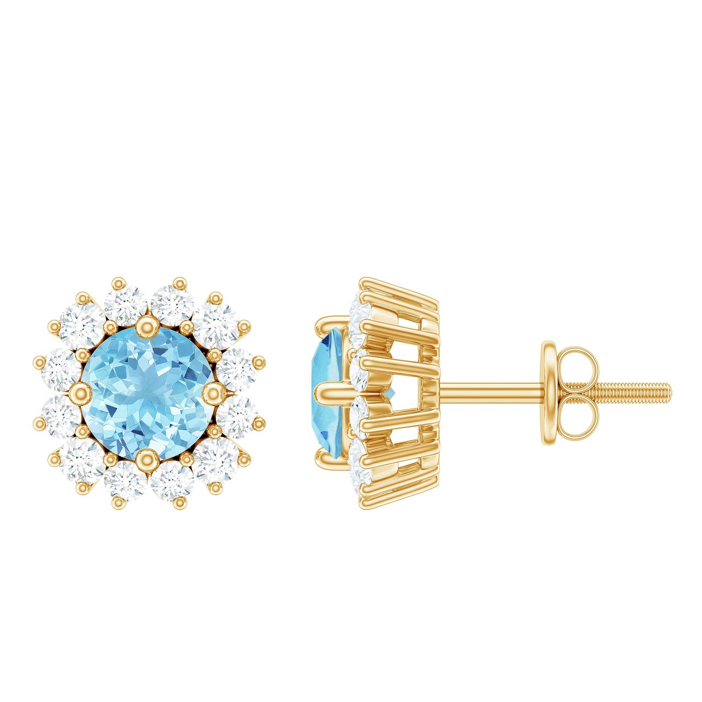 Genuine Aquamarine and Diamond Halo Stud Earrings