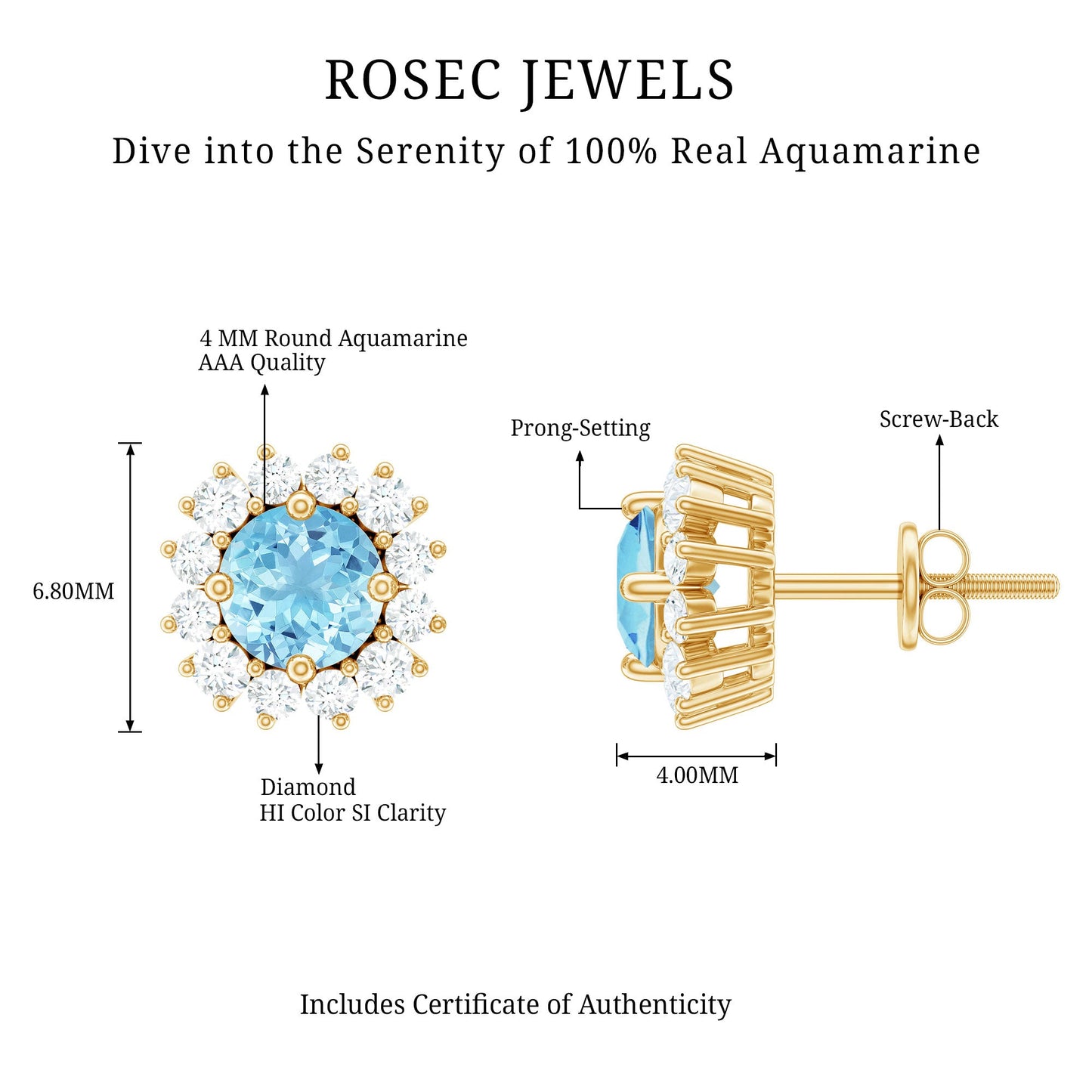 Genuine Aquamarine and Diamond Halo Stud Earrings