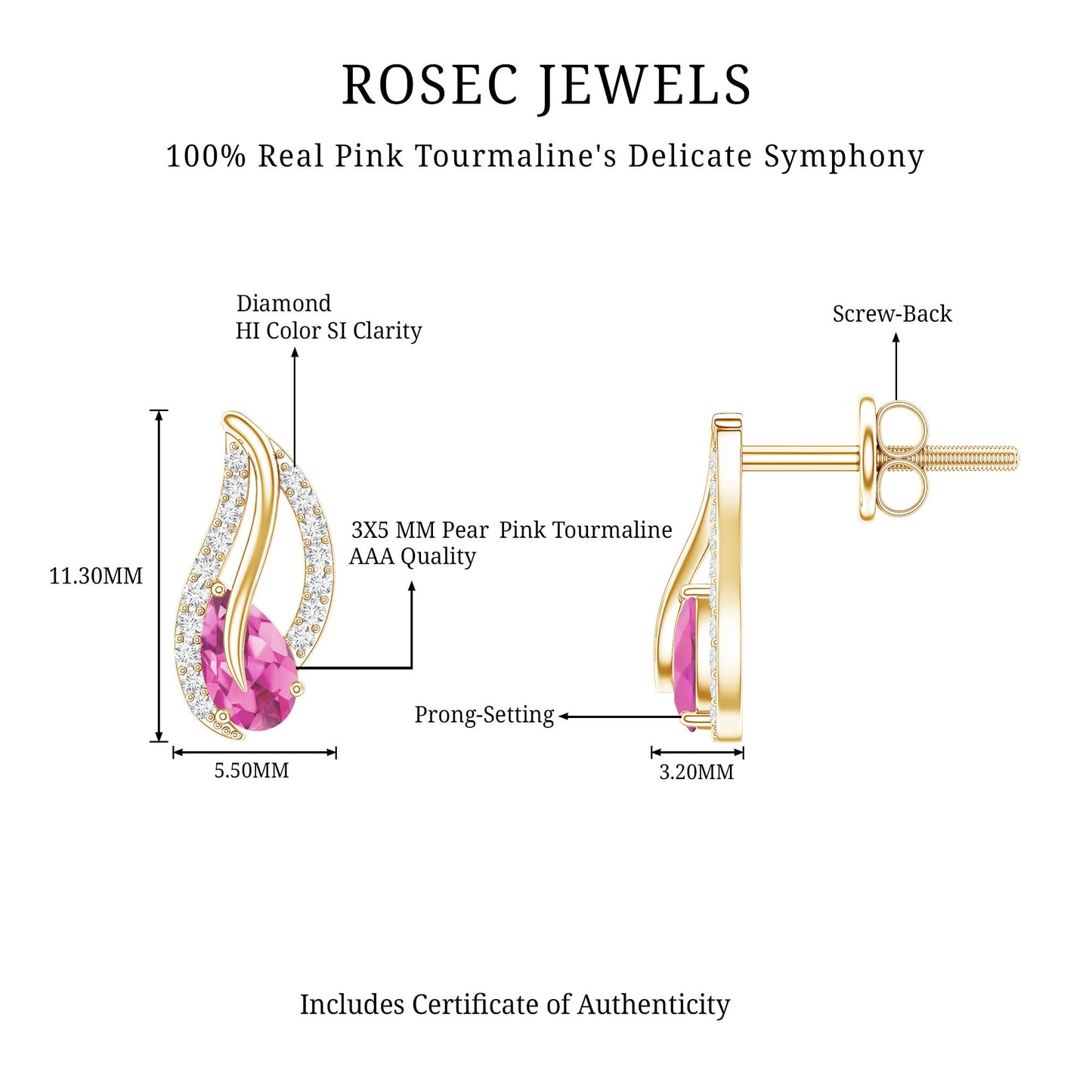 Natural Pink Tourmaline Leaf Earrings with Diamond