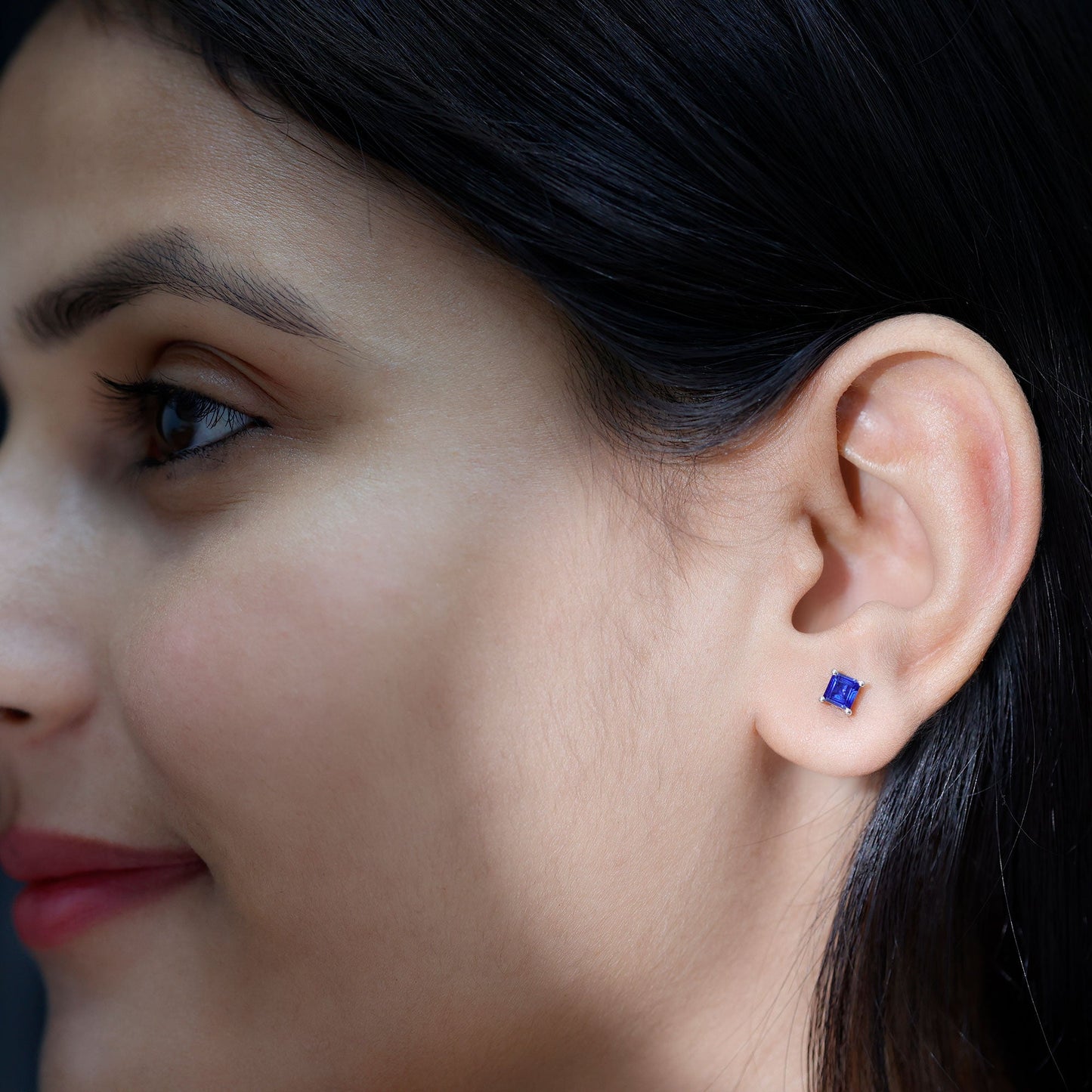 0.9 Carat Solitaire Blue Sapphire Princess Cut Stud Earrings