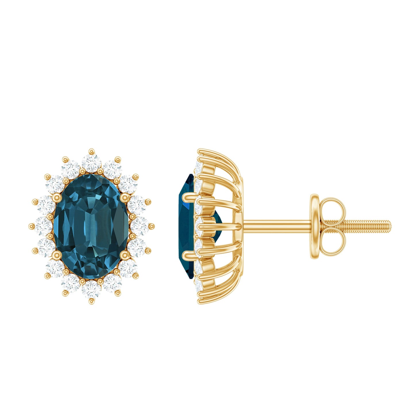 0.8 Carat Oval Cut London Blue Topaz and Diamond Halo Stud Earrings
