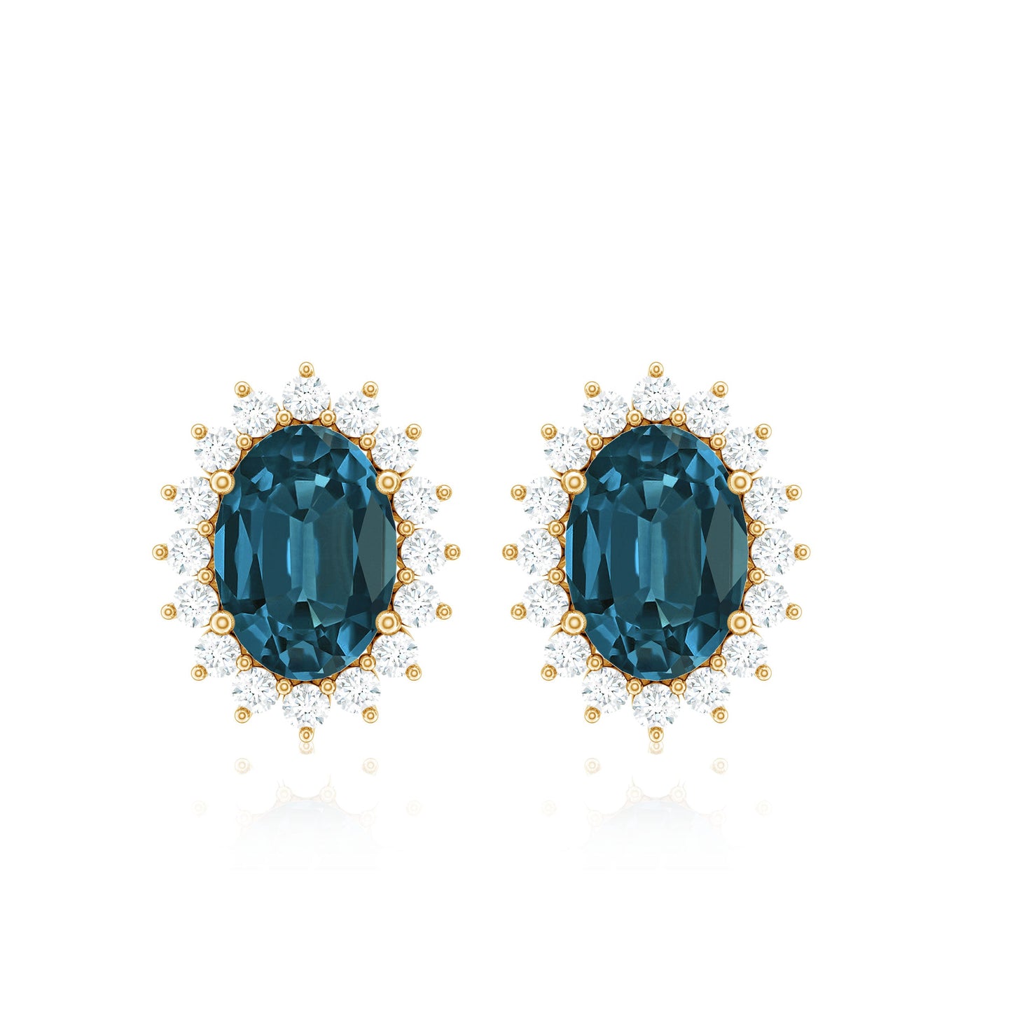 0.8 Carat Oval Cut London Blue Topaz and Diamond Halo Stud Earrings