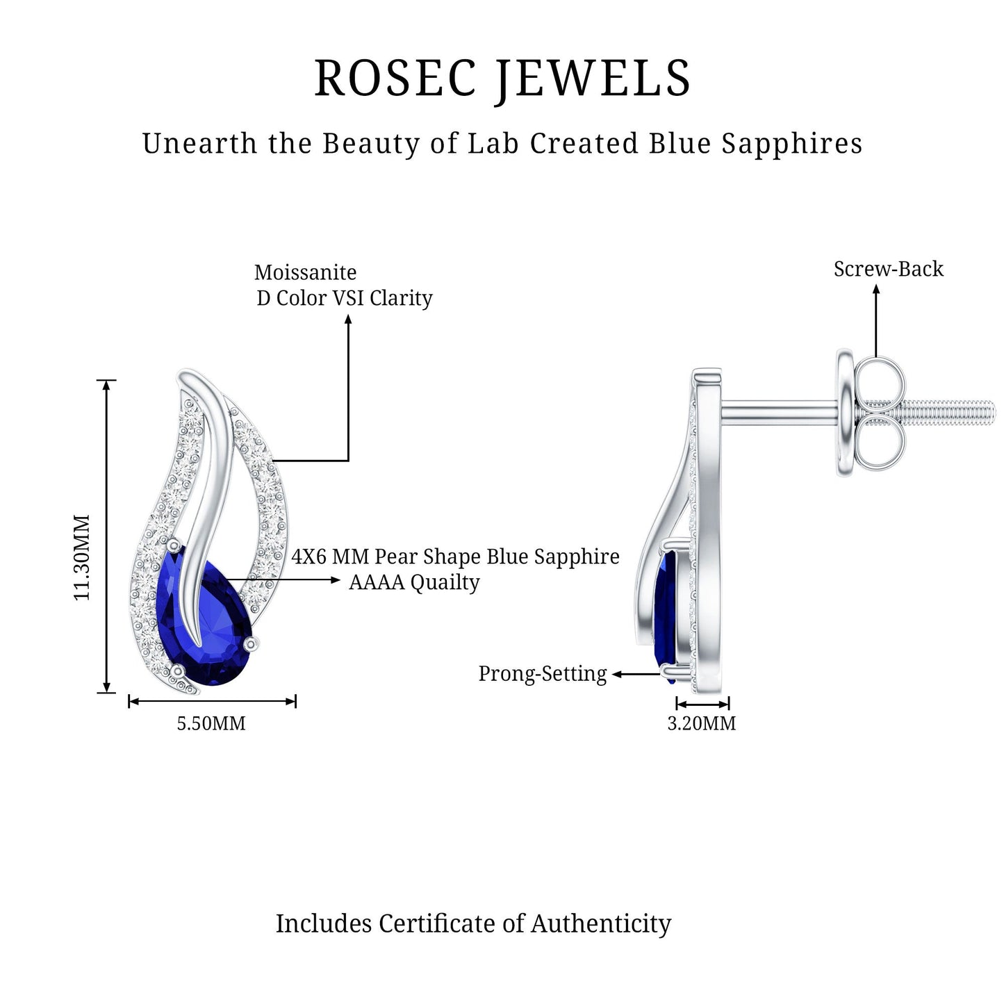 Lab Created Blue Sapphire and Moissanite Leaf Stud Earrings