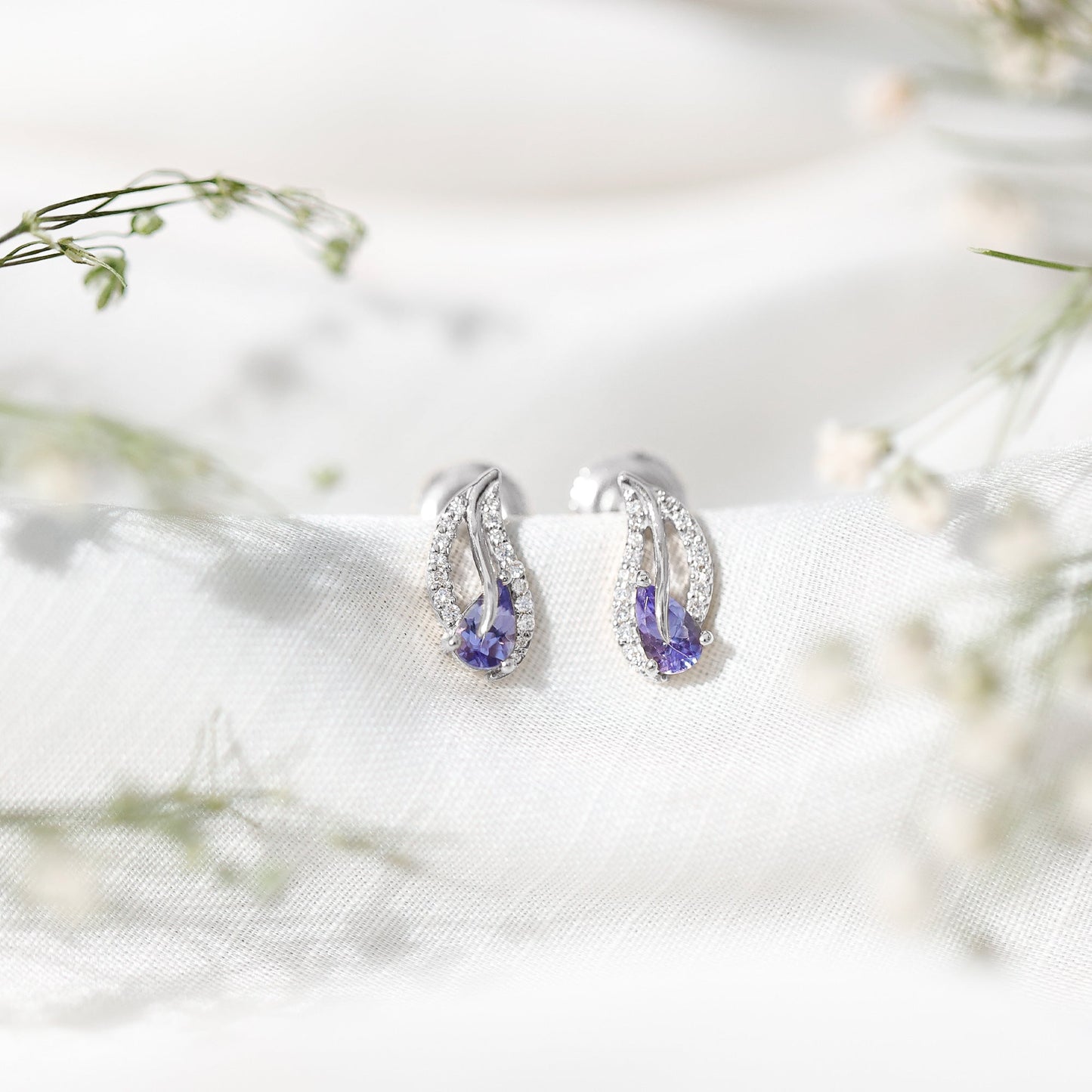 Pear Shape Tanzanite and Diamond Leaf Stud Earrings