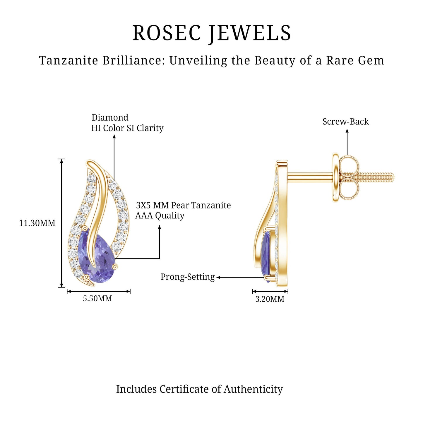 Pear Shape Tanzanite and Diamond Leaf Stud Earrings