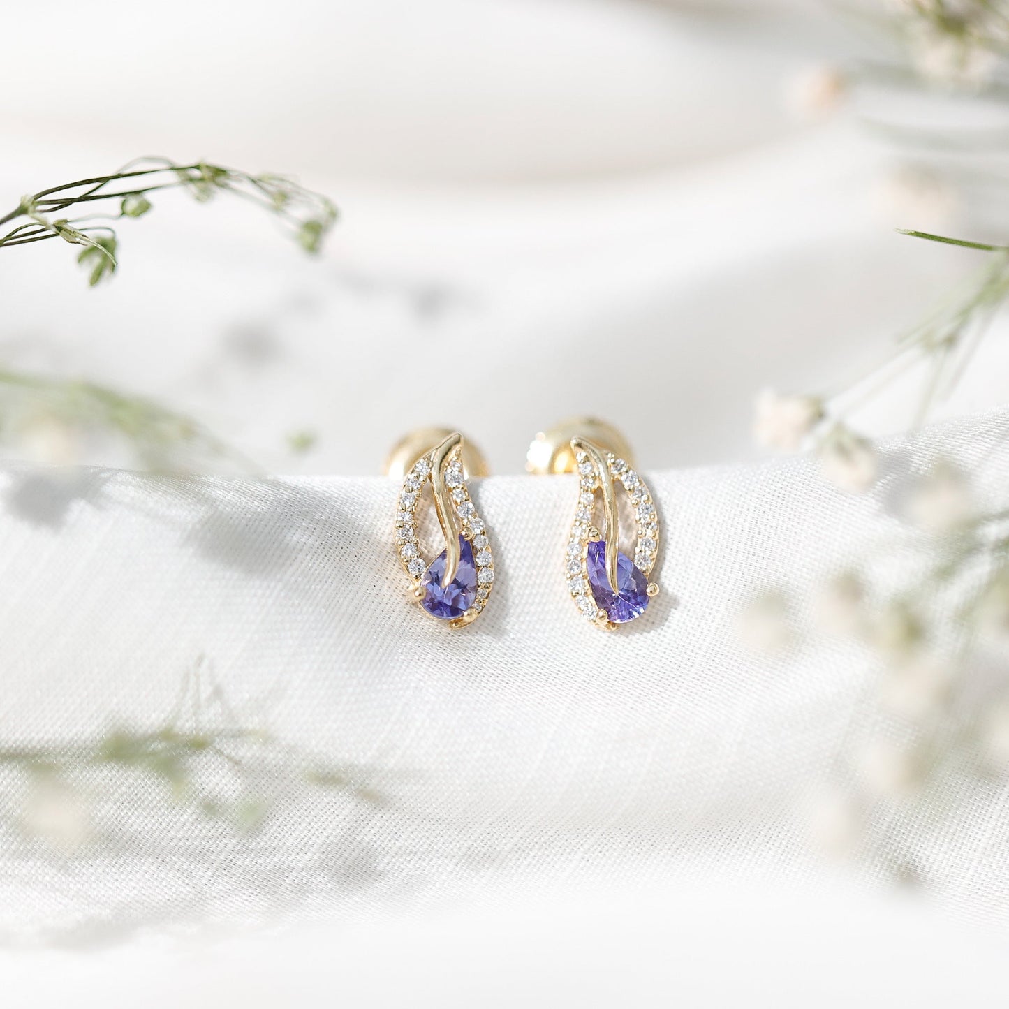 Pear Shape Tanzanite and Diamond Leaf Stud Earrings
