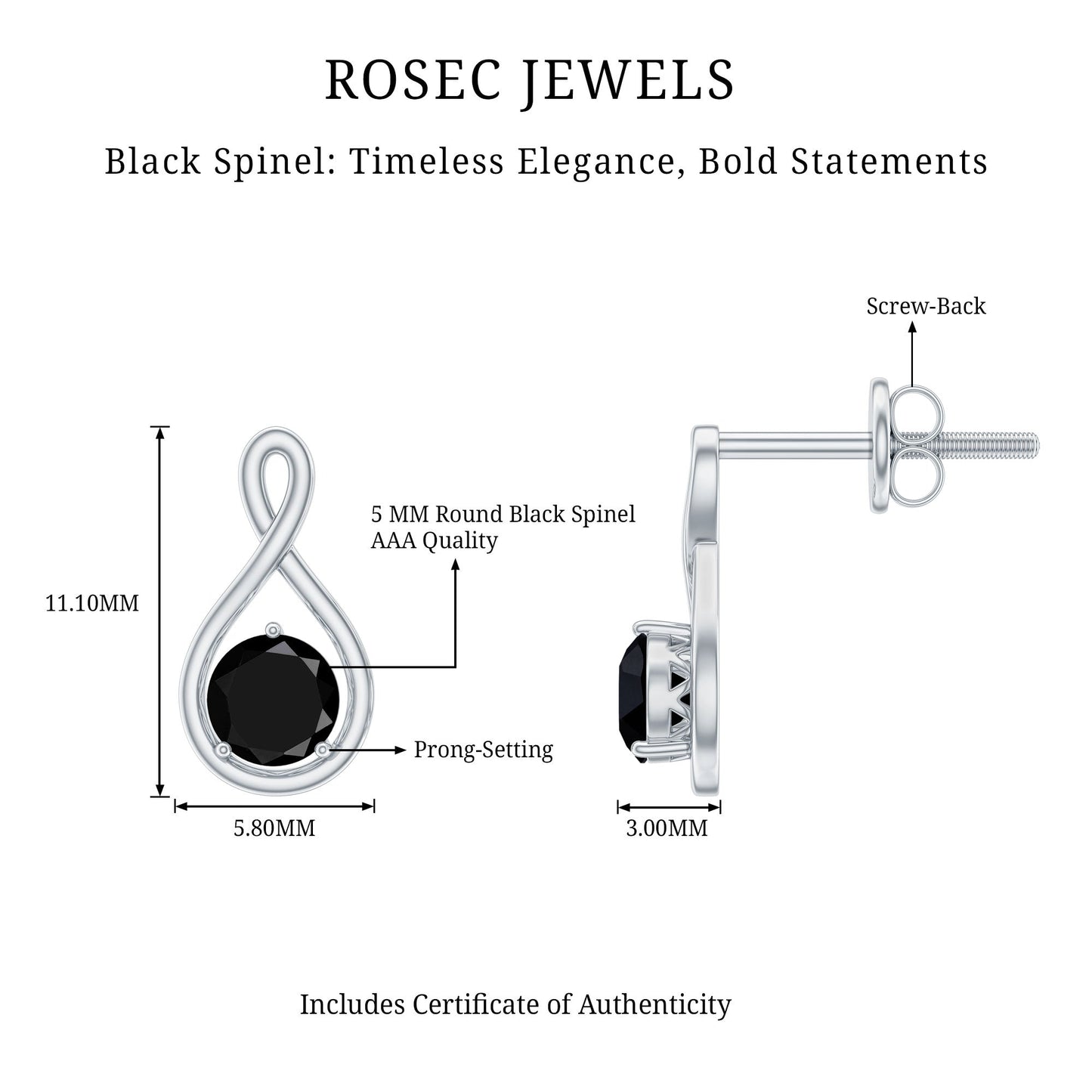 Certified Real Black Spinel Infinity Earrings with Screw Back