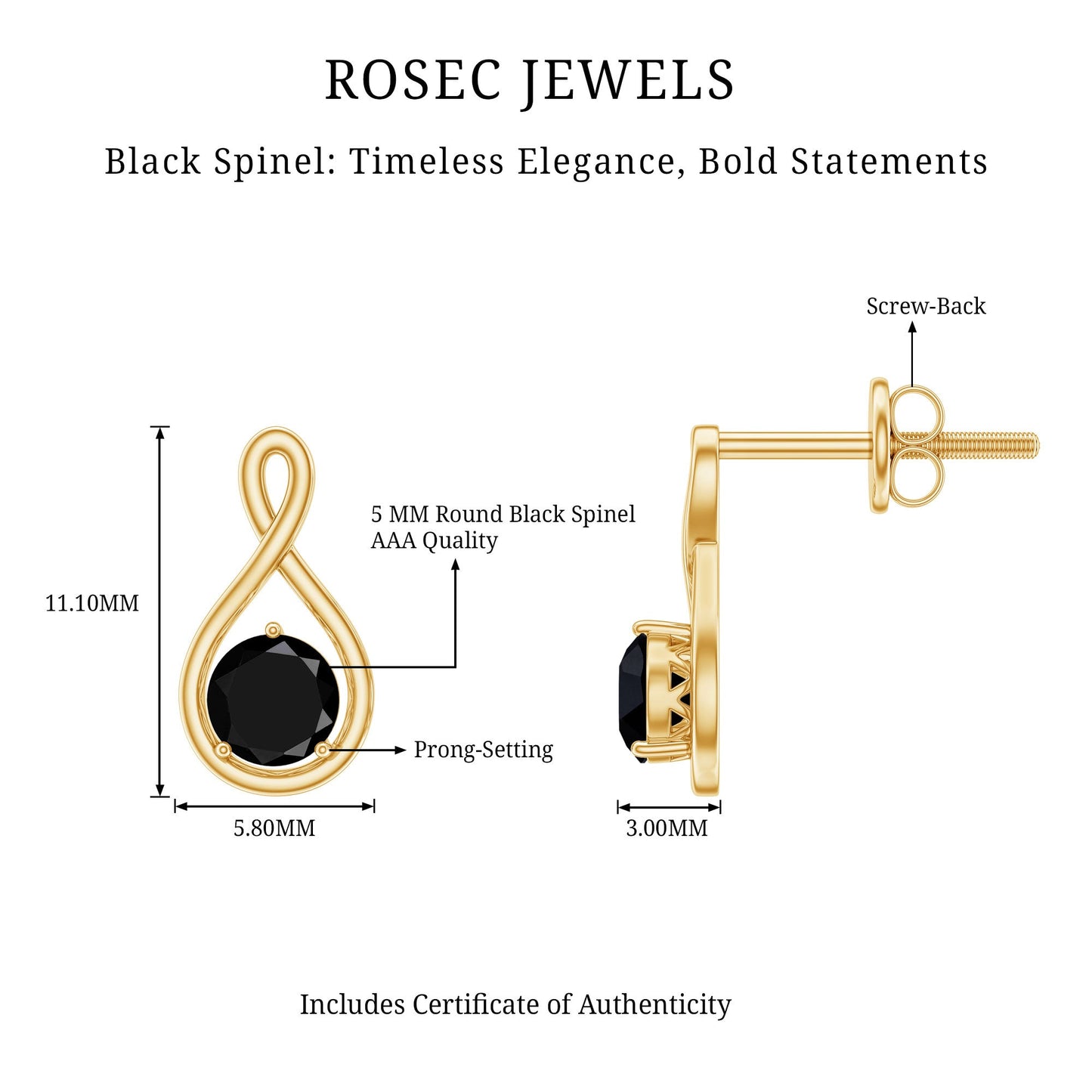 Certified Real Black Spinel Infinity Earrings with Screw Back