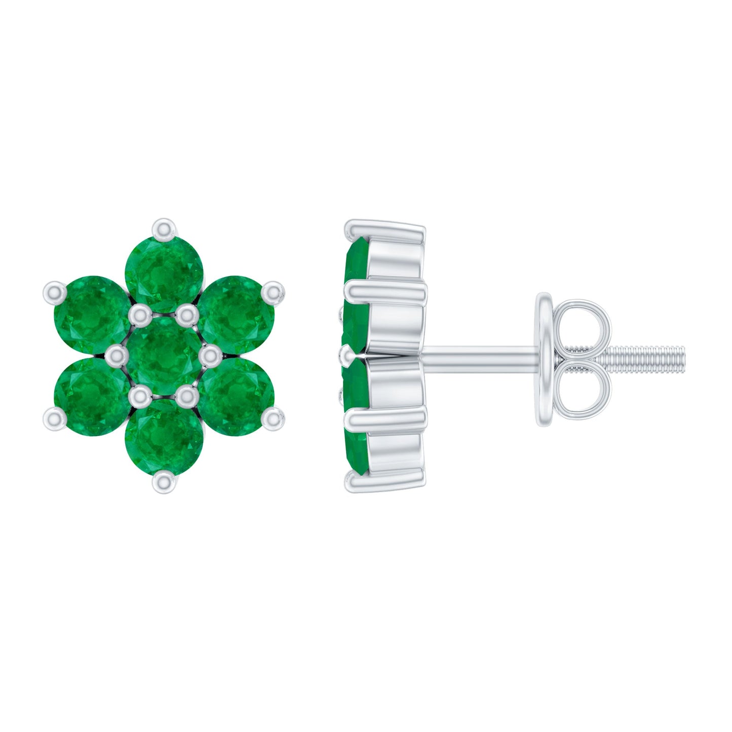 Natural Emerald Flower Stud Earrings with Screw Back
