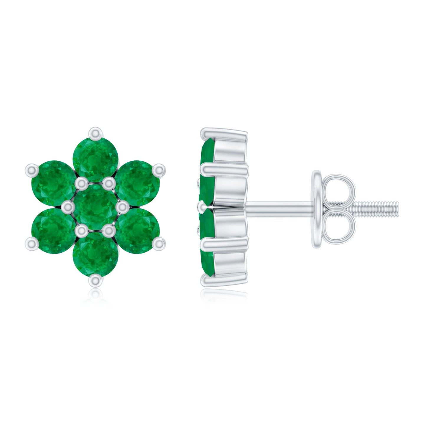 Natural Emerald Flower Stud Earrings with Screw Back
