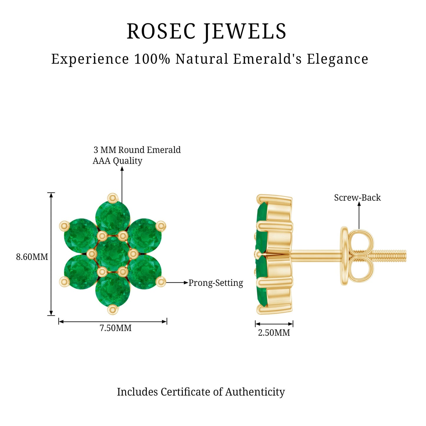 Natural Emerald Flower Stud Earrings with Screw Back