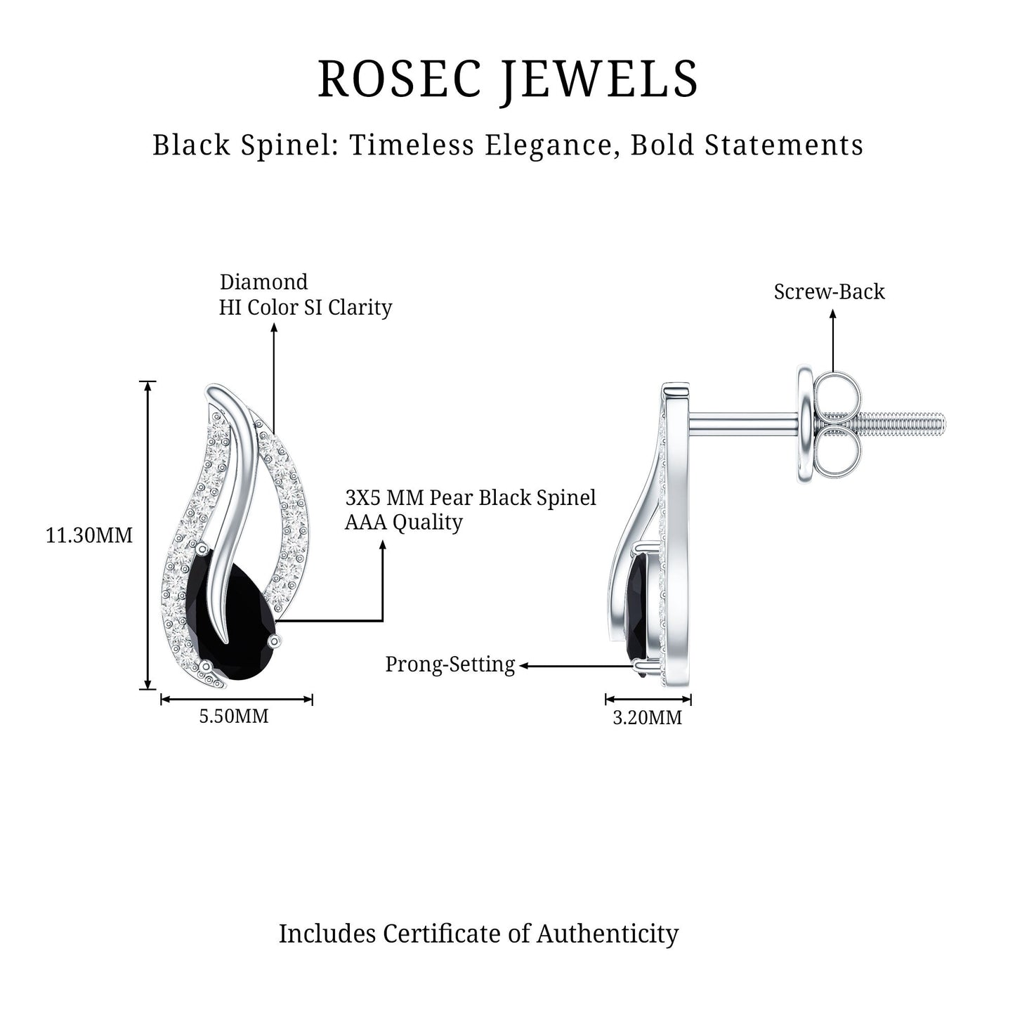 Pear Shape Black Spinel and Diamond Leaf Stud Earrings