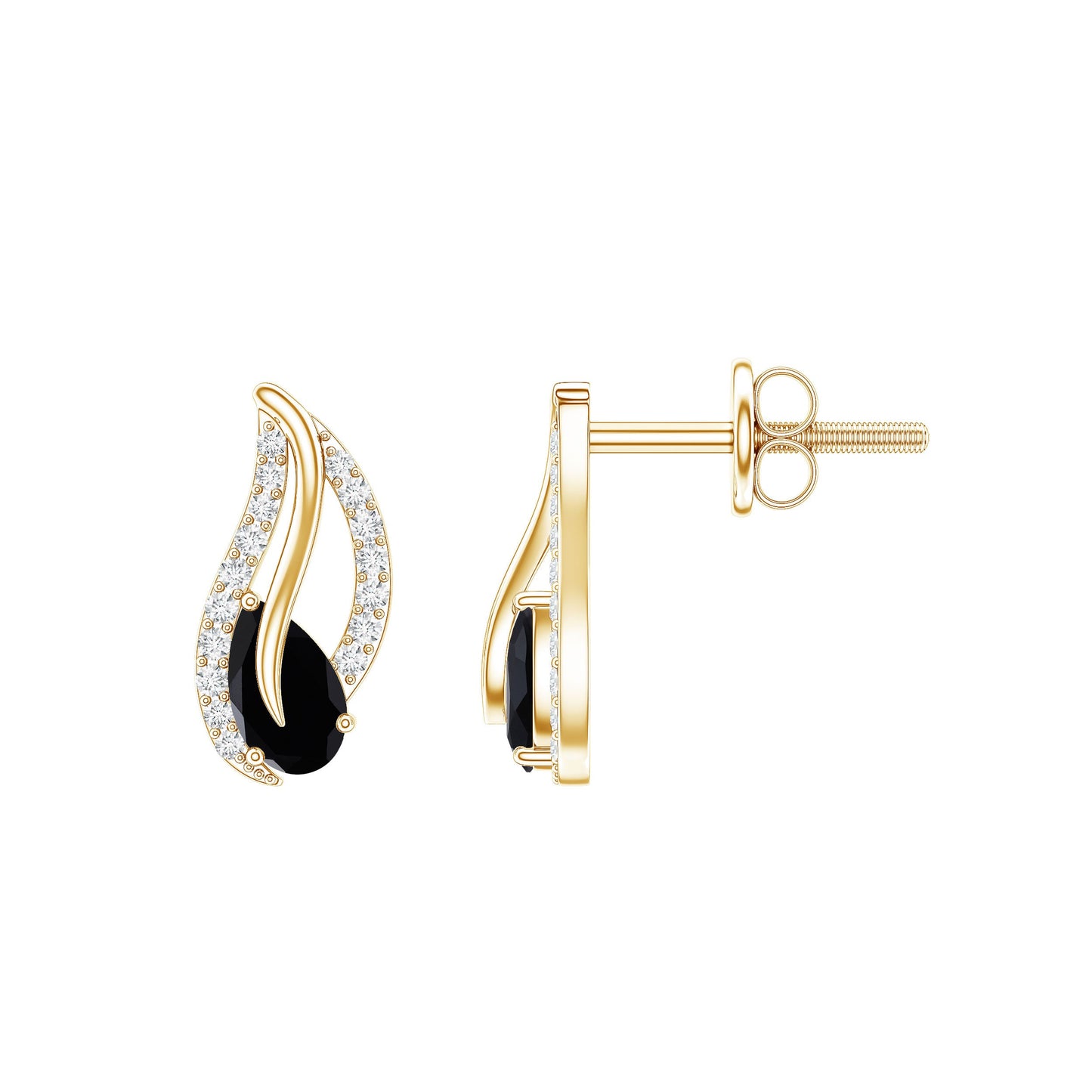 Pear Shape Black Spinel and Diamond Leaf Stud Earrings